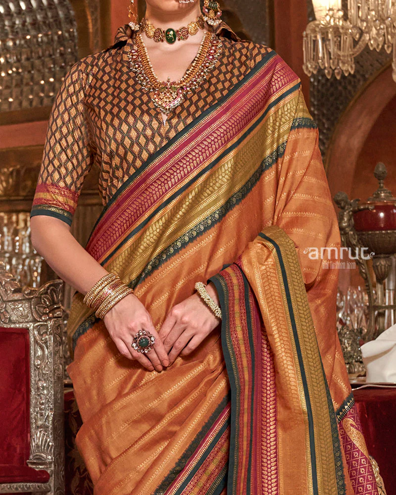Orange Kanjivaram Silk Saree with Unstitched Blouse - Image 3