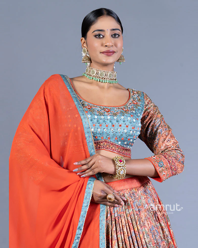 Orange Lehenga Teal Blue Embroidered Choli with Dupatta - Image 2