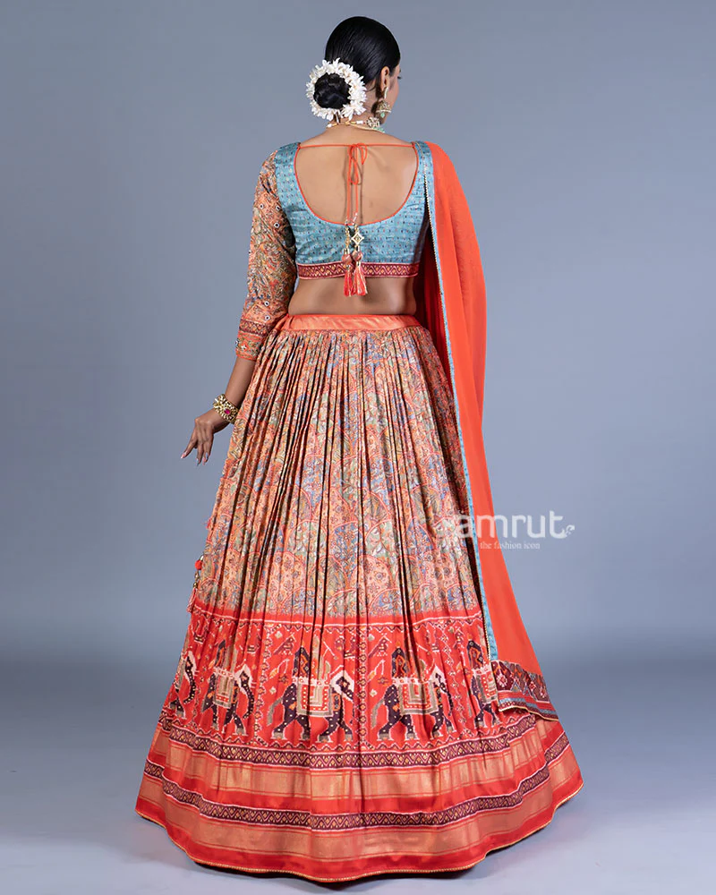 Orange Lehenga Teal Blue Embroidered Choli with Dupatta - Image 3