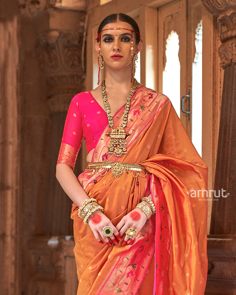 Orange with Pink Zari Border Paithani Silk Saree and Unstitched Blouse - Image 2