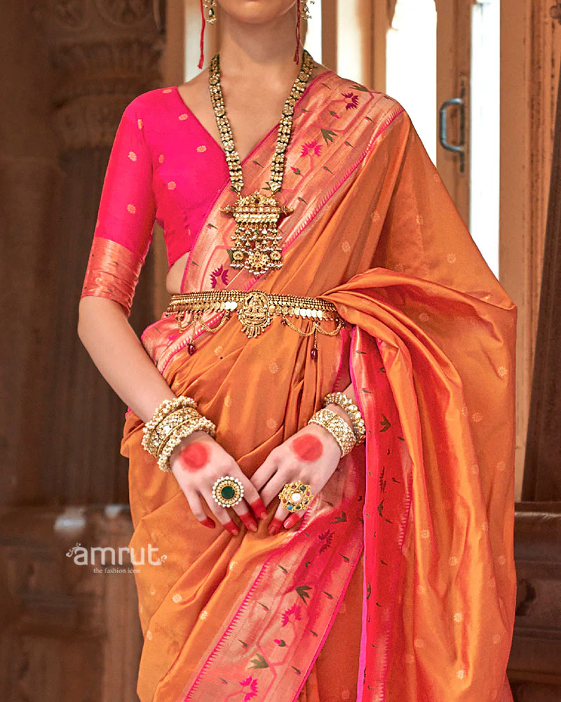 Orange with Pink Zari Border Paithani Silk Saree and Unstitched Blouse - Image 3