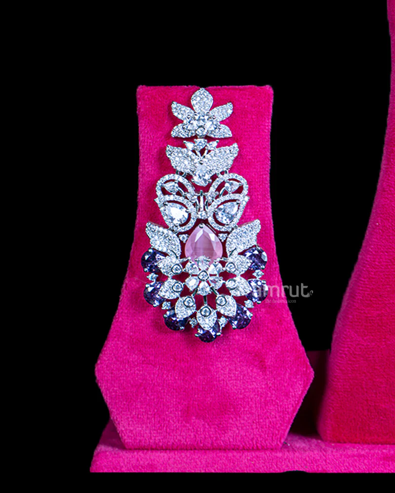 Ornate Floral Layered Necklace with Crystals, Pink Beads, Violet Accents, and Matching Earrings - Image 2