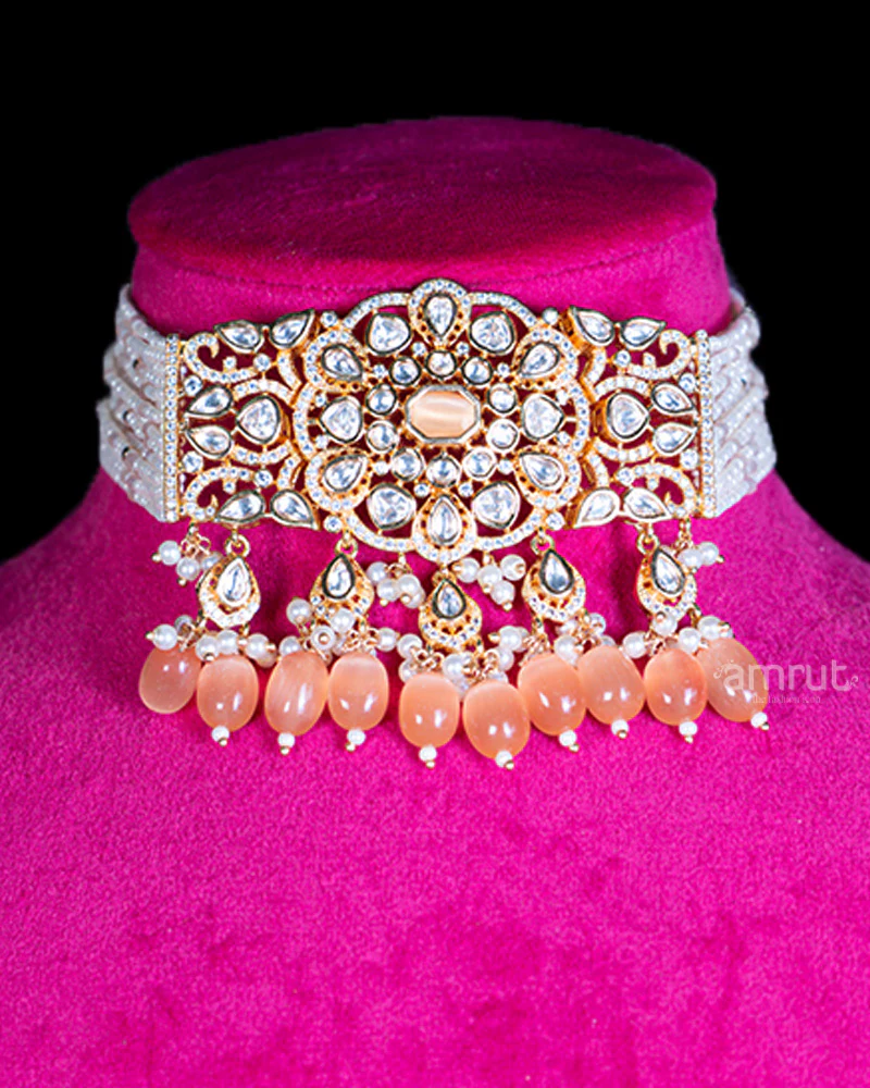 Ornate Gold-Toned Necklace with Pearls, Crystals, and Peach Teardrop Accents - Image 2