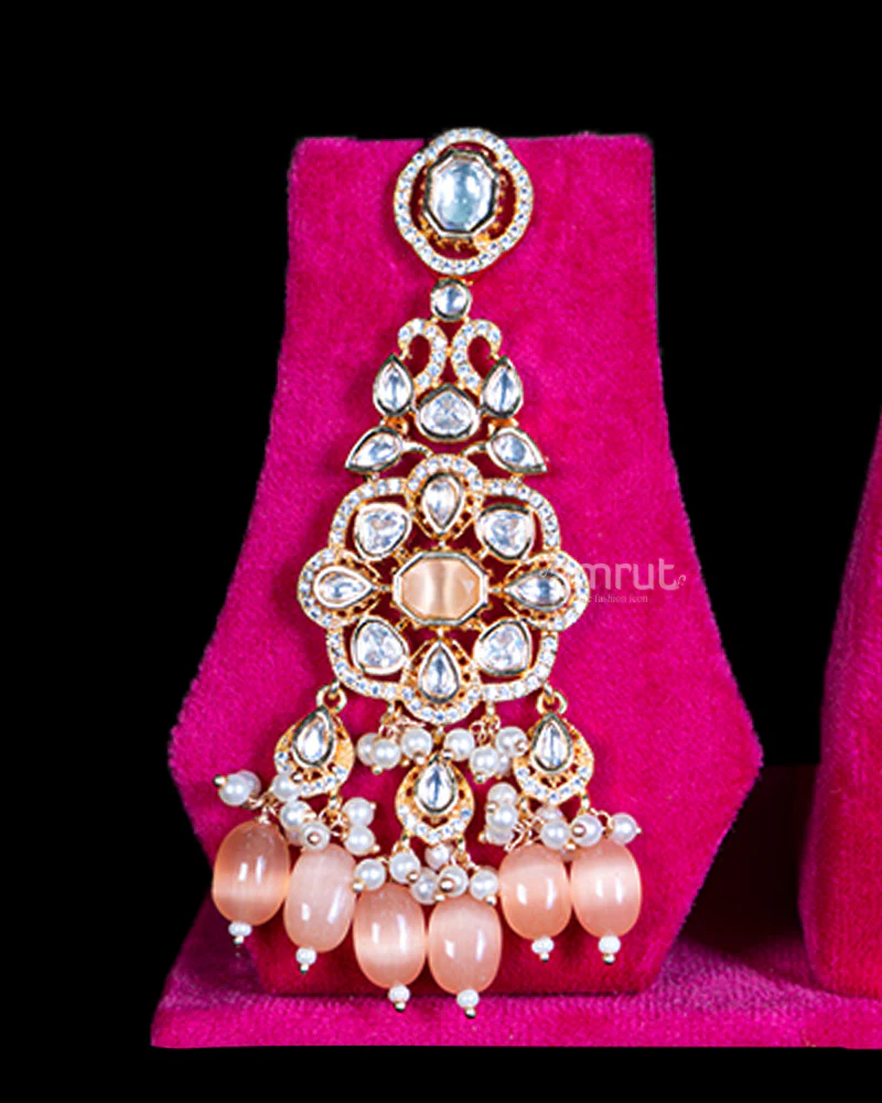 Ornate Gold-Toned Necklace with Pearls, Crystals, and Peach Teardrop Accents - Image 3