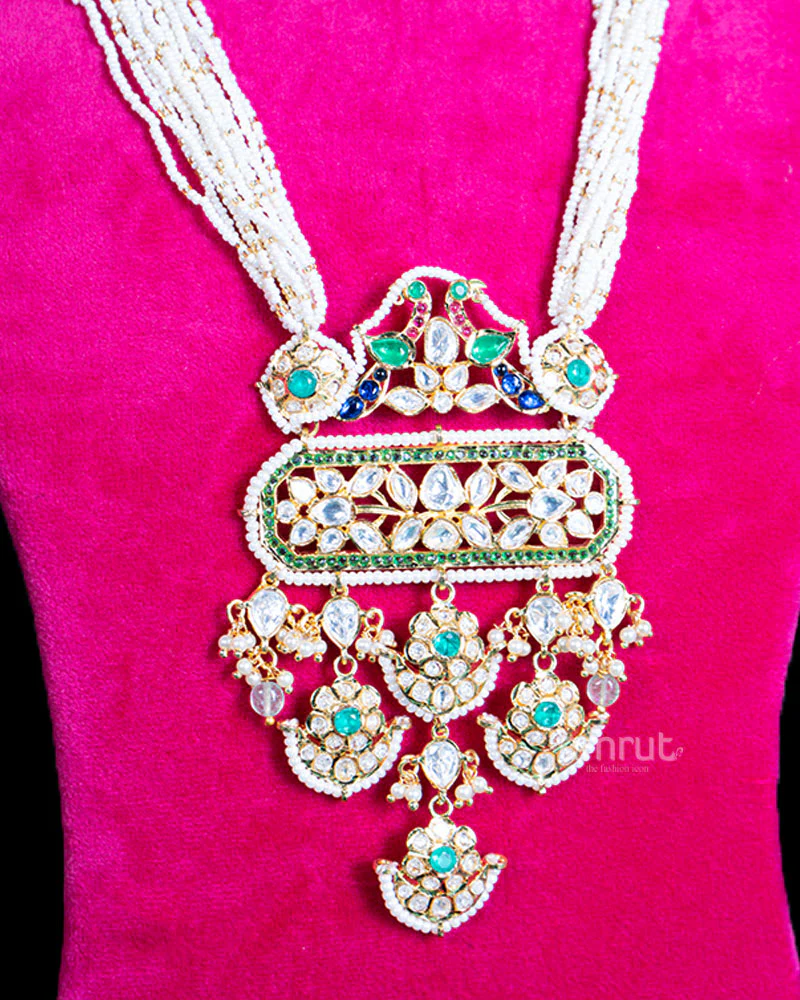 Ornate Pearl Mala Necklace with Colorful Gemstone Pendant and Matching Earrings - Image 2