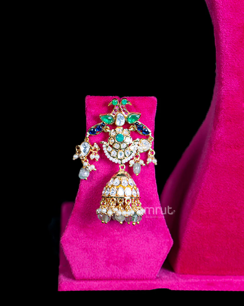 Ornate Pearl Mala Necklace with Colorful Gemstone Pendant and Matching Earrings - Image 3