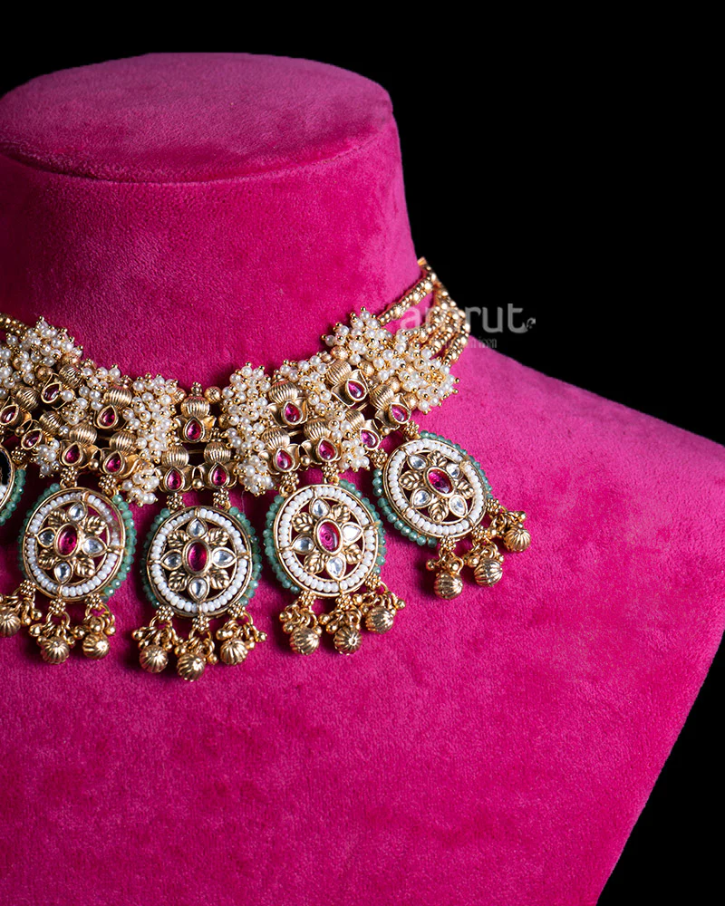 Ornate Pearl Necklace with Ruby Gemstones and Embellished Medallions - Image 2