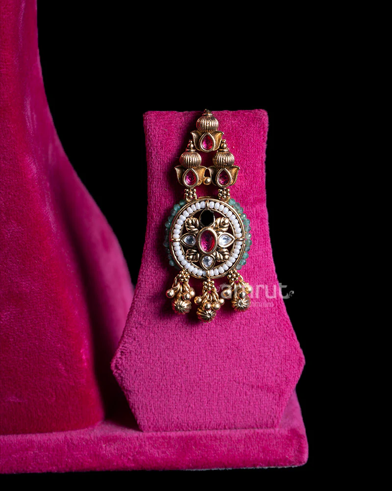 Ornate Pearl Necklace with Ruby Gemstones and Embellished Medallions - Image 3