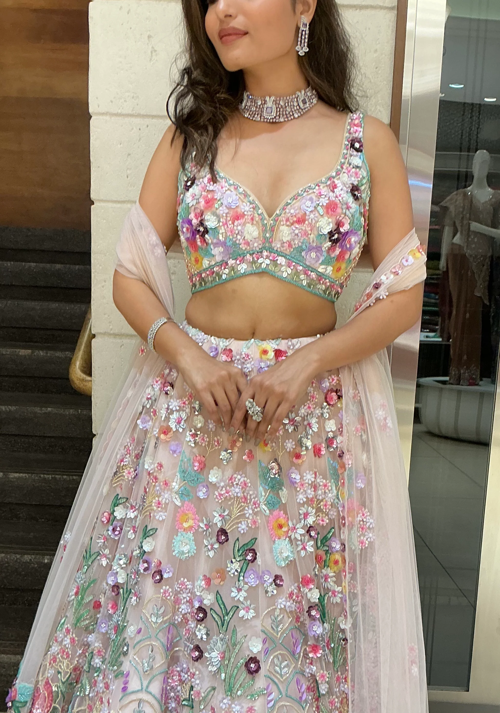 Pastel Aqua Floral Printed Lehenga Set with Dupatta - Image 2