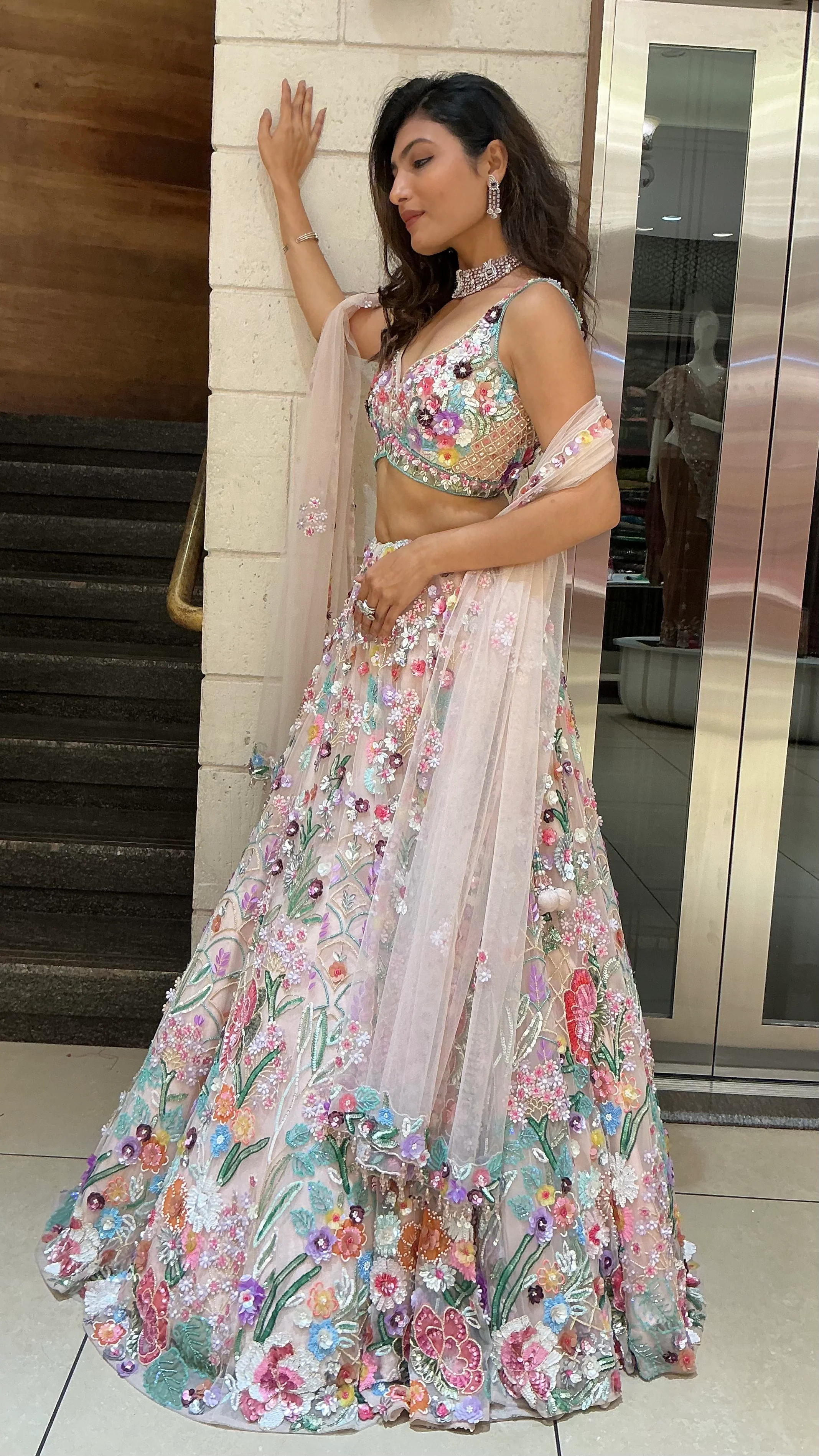 Pastel Aqua Floral Printed Lehenga Set with Dupatta - Image 3
