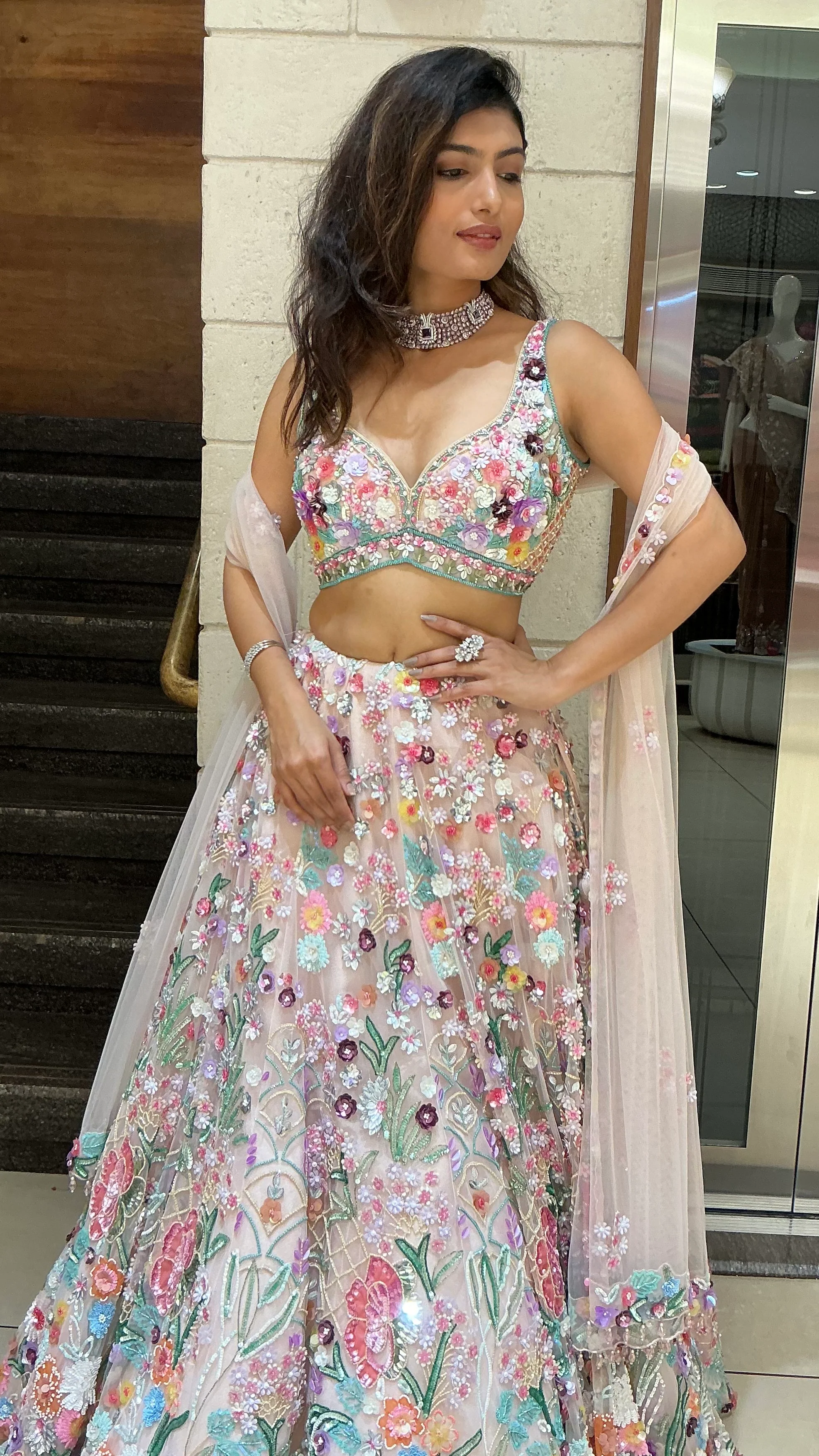 Pastel Aqua Floral Printed Lehenga Set with Dupatta - Image 6