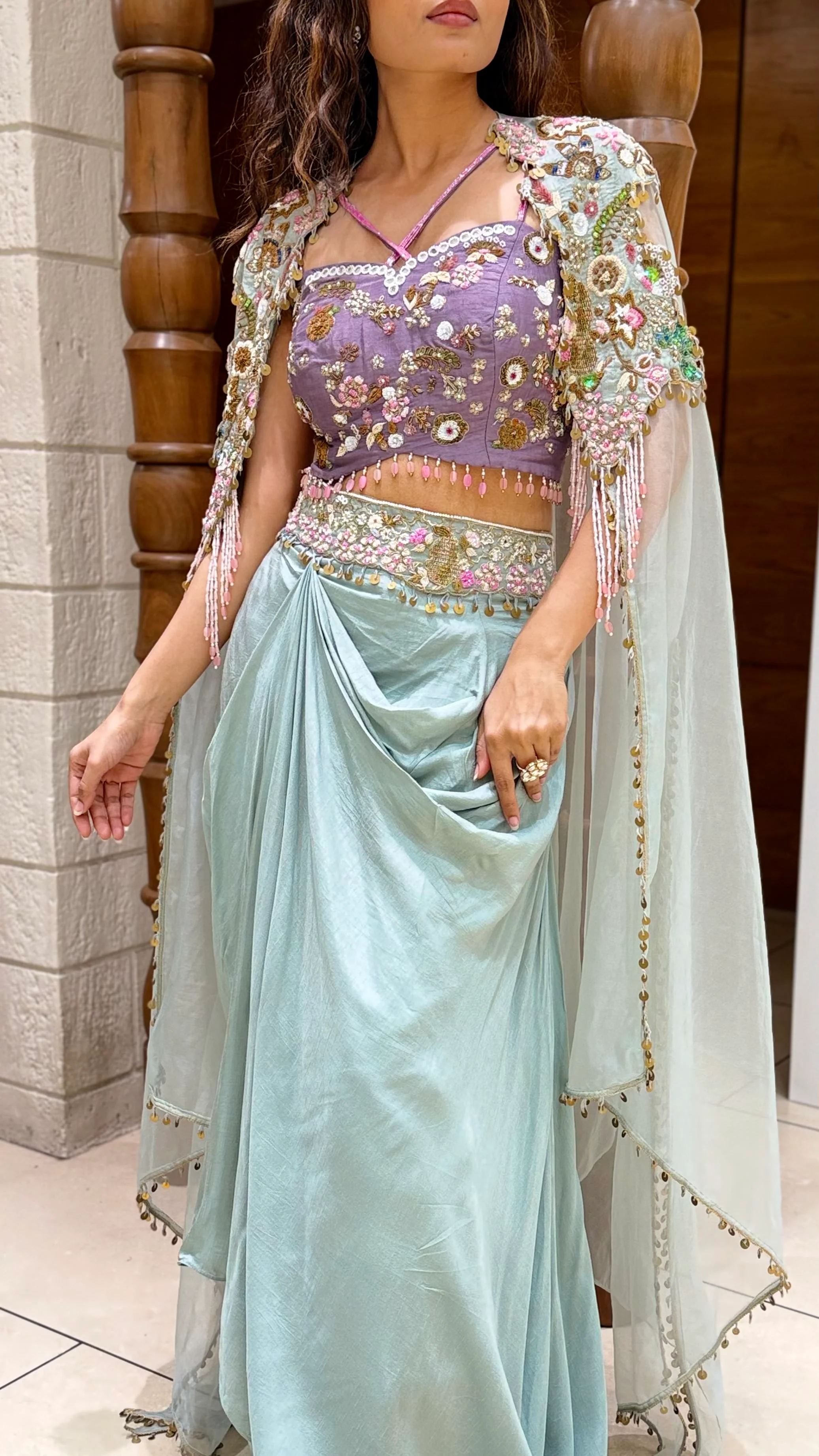 Pastel Aqua Indo-Western Drape Set with Embellished Cape - Image 2