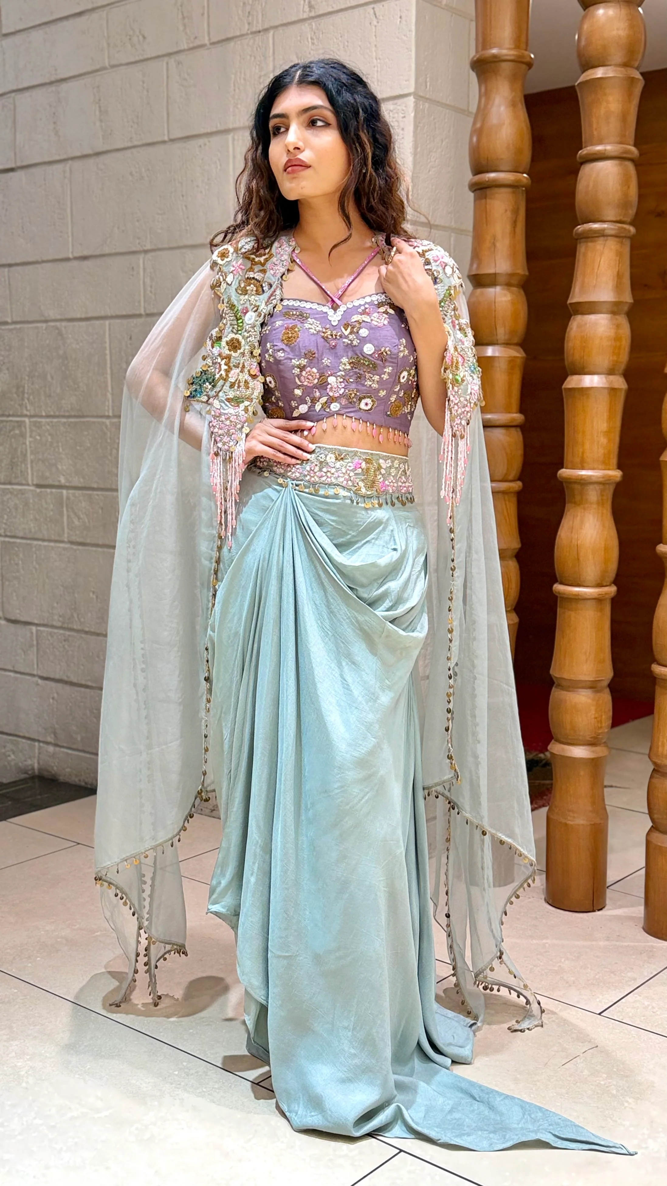 Pastel Aqua Indo-Western Drape Set with Embellished Cape - Image 3