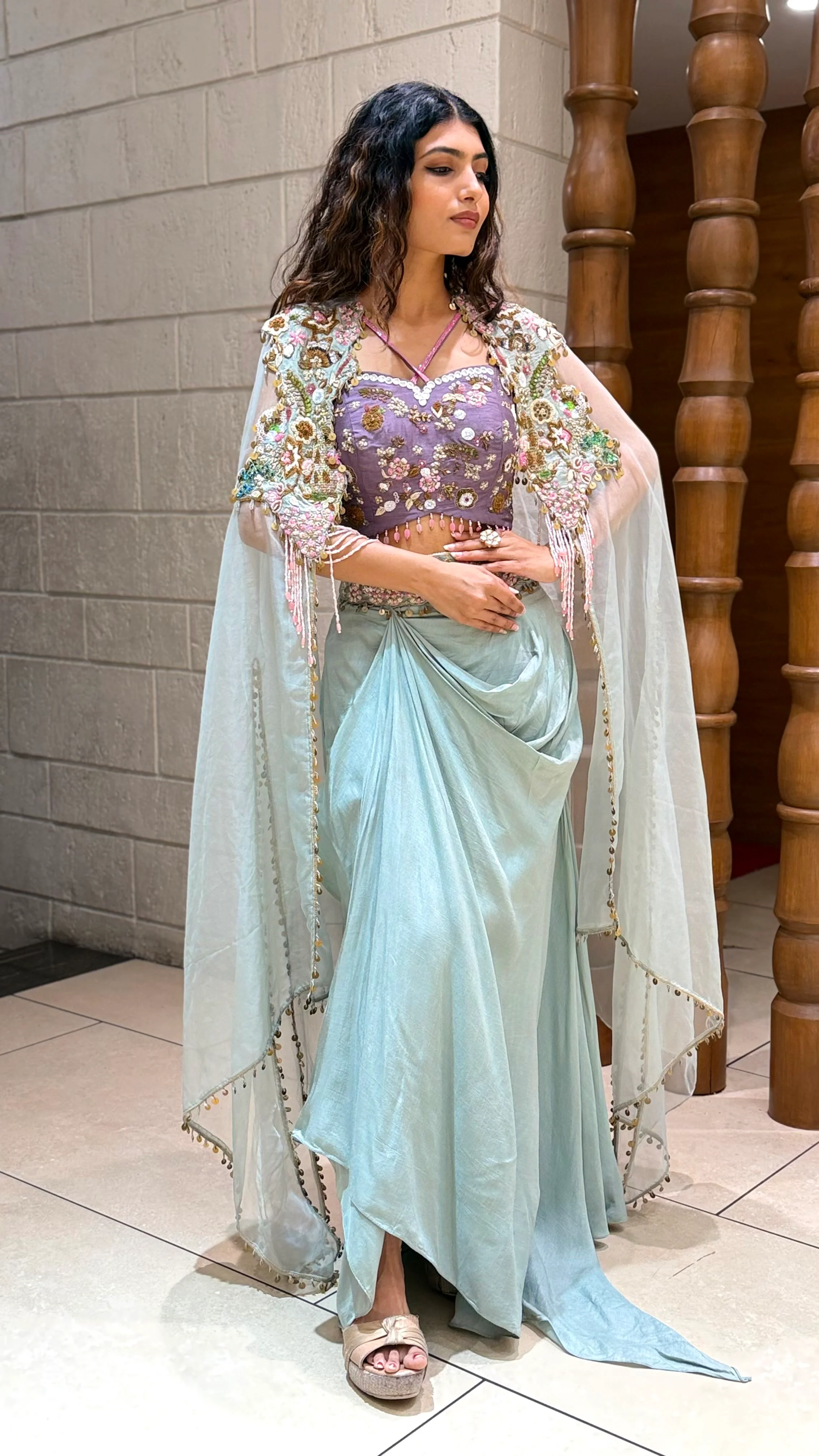 Pastel Aqua Indo-Western Drape Set with Embellished Cape - Image 4
