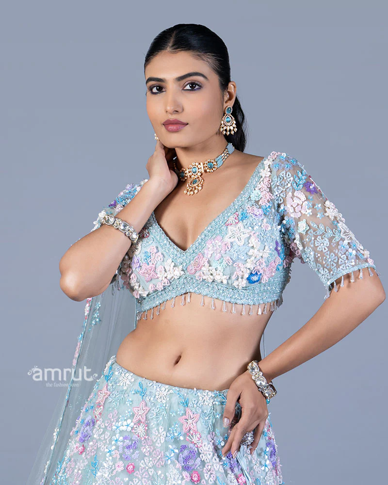Pastel Baby Blue Embellished Lehenga Choli Set with Net Dupatta - Image 2