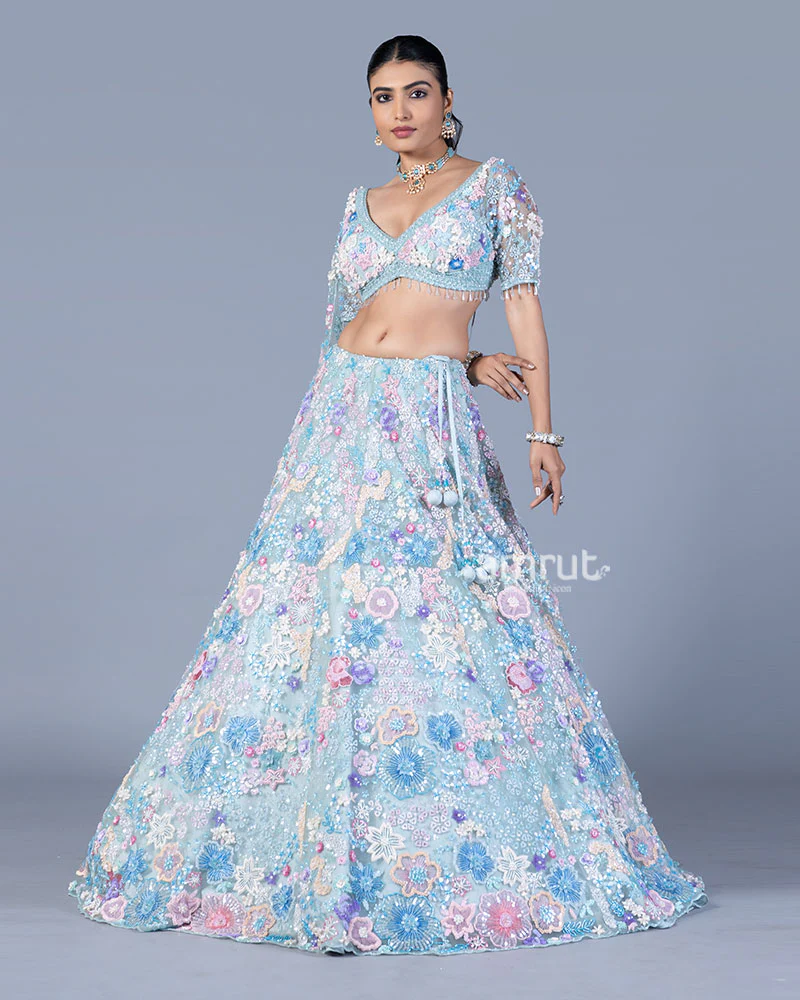 Pastel Baby Blue Embellished Lehenga Choli Set with Net Dupatta - Image 4