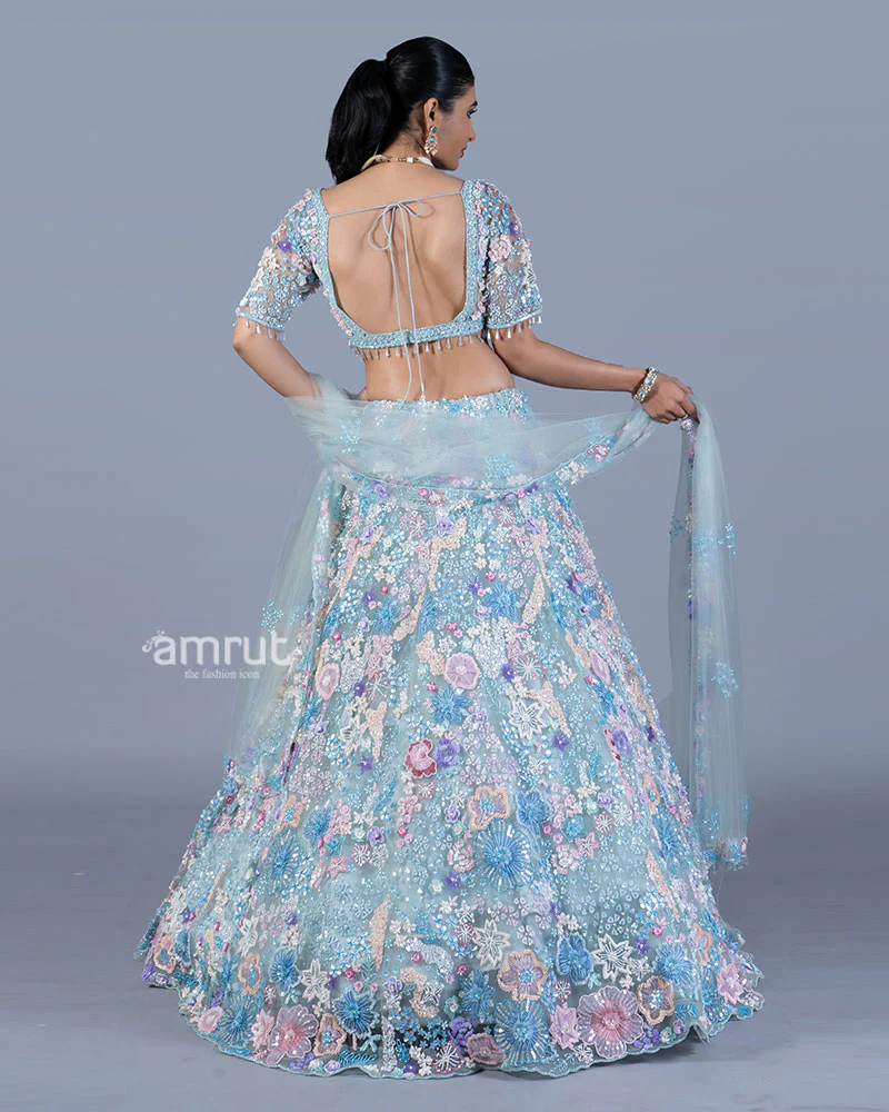 Pastel Baby Blue Embellished Lehenga Choli Set with Net Dupatta - Image 5