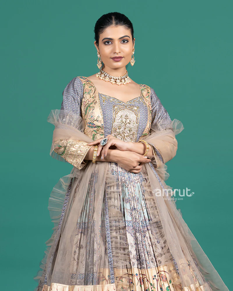 Pastel Beige Floral Embroidered Gown with Dupatta - Image 2