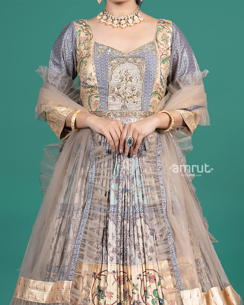 Pastel Beige Floral Embroidered Gown with Dupatta - Image 3