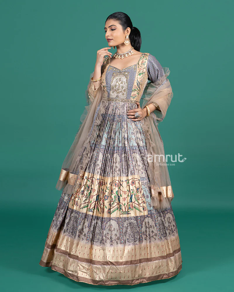 Pastel Beige Floral Embroidered Gown with Dupatta - Image 4