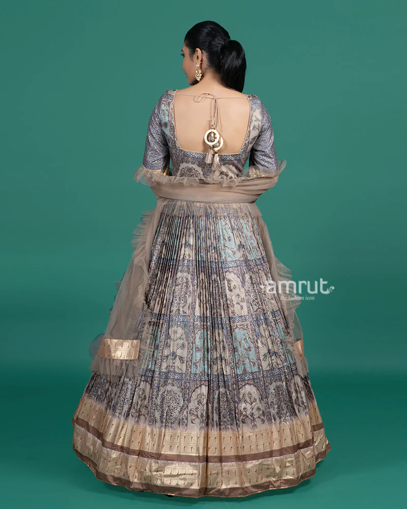 Pastel Beige Floral Embroidered Gown with Dupatta - Image 5