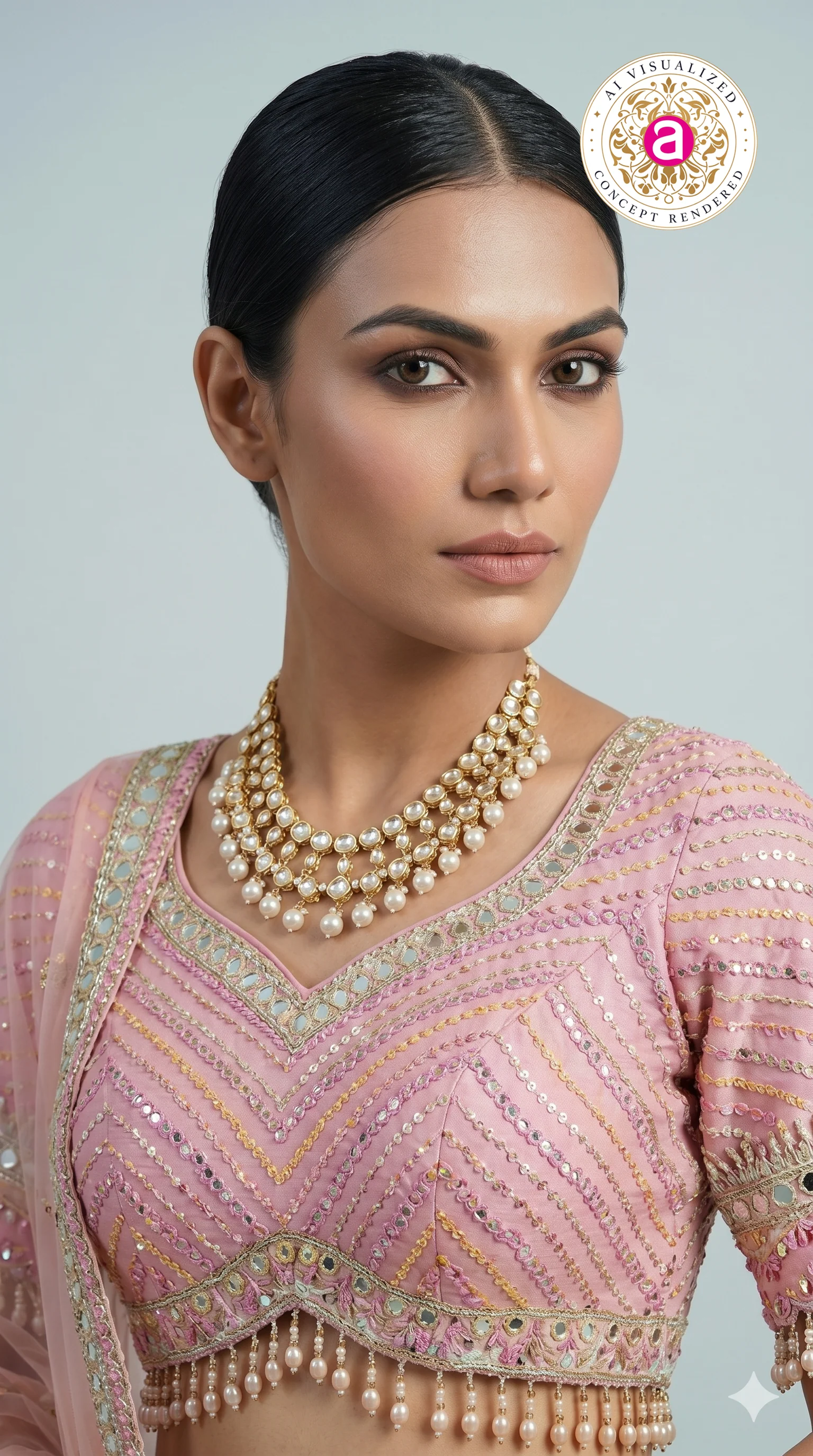 Pastel Beige Floral Embroidered Lehenga Choli with Pink Designer Blouse & Sheer Dupatta - Image 2