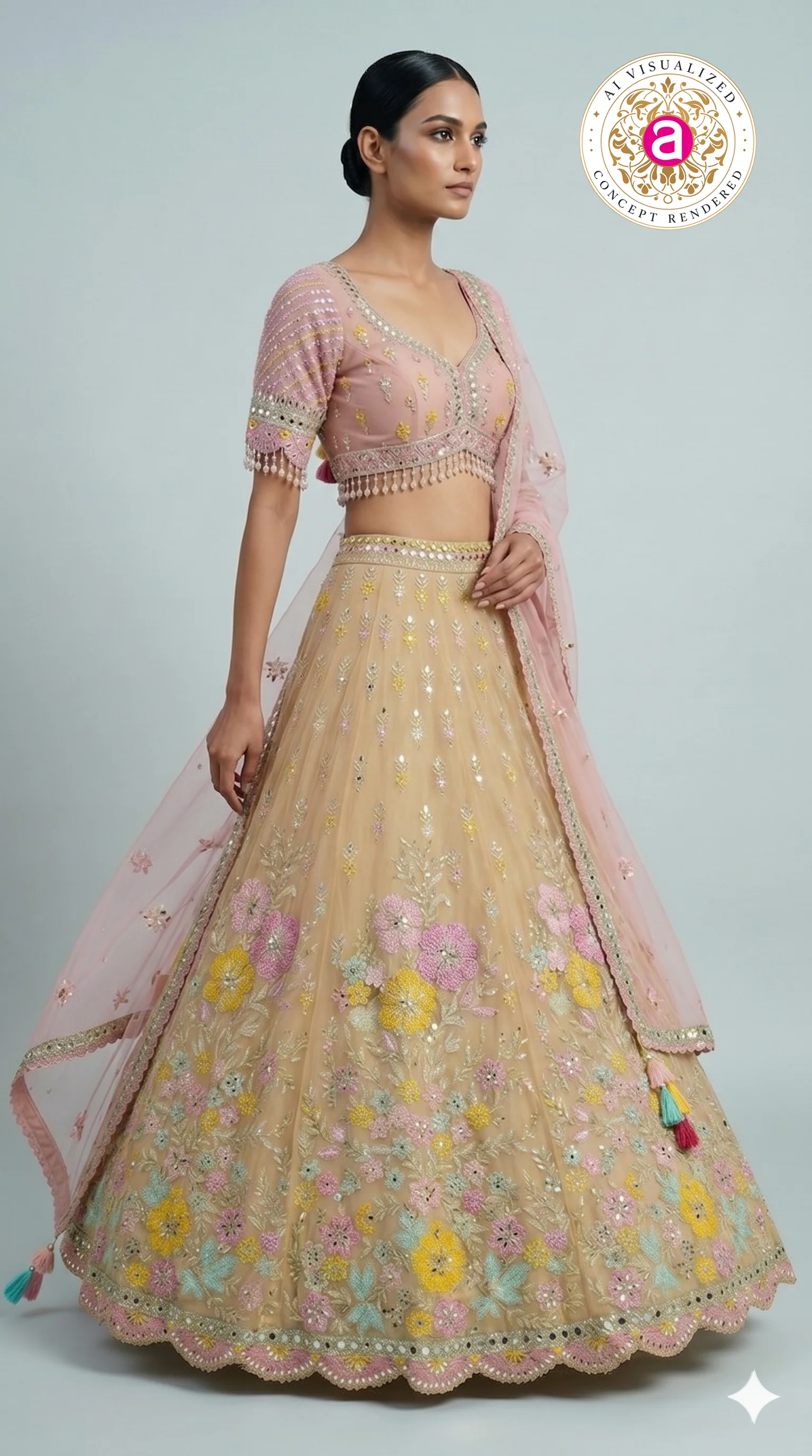Pastel Beige Floral Embroidered Lehenga Choli with Pink Designer Blouse & Sheer Dupatta - Image 3