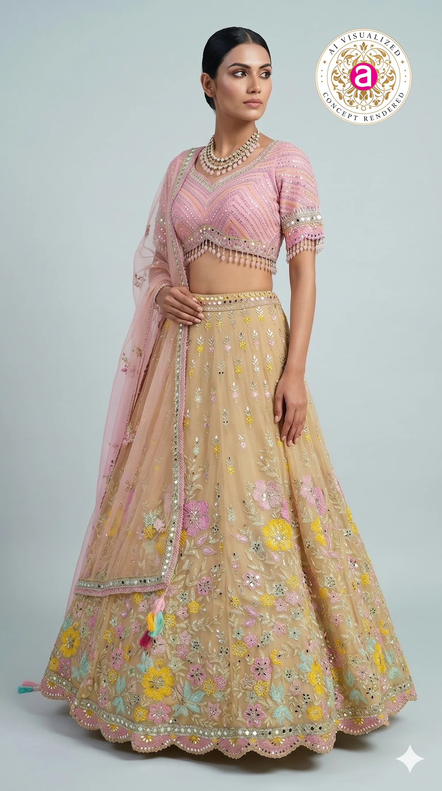 Pastel Beige Floral Embroidered Lehenga Choli with Pink Designer Blouse & Sheer Dupatta - Image 4