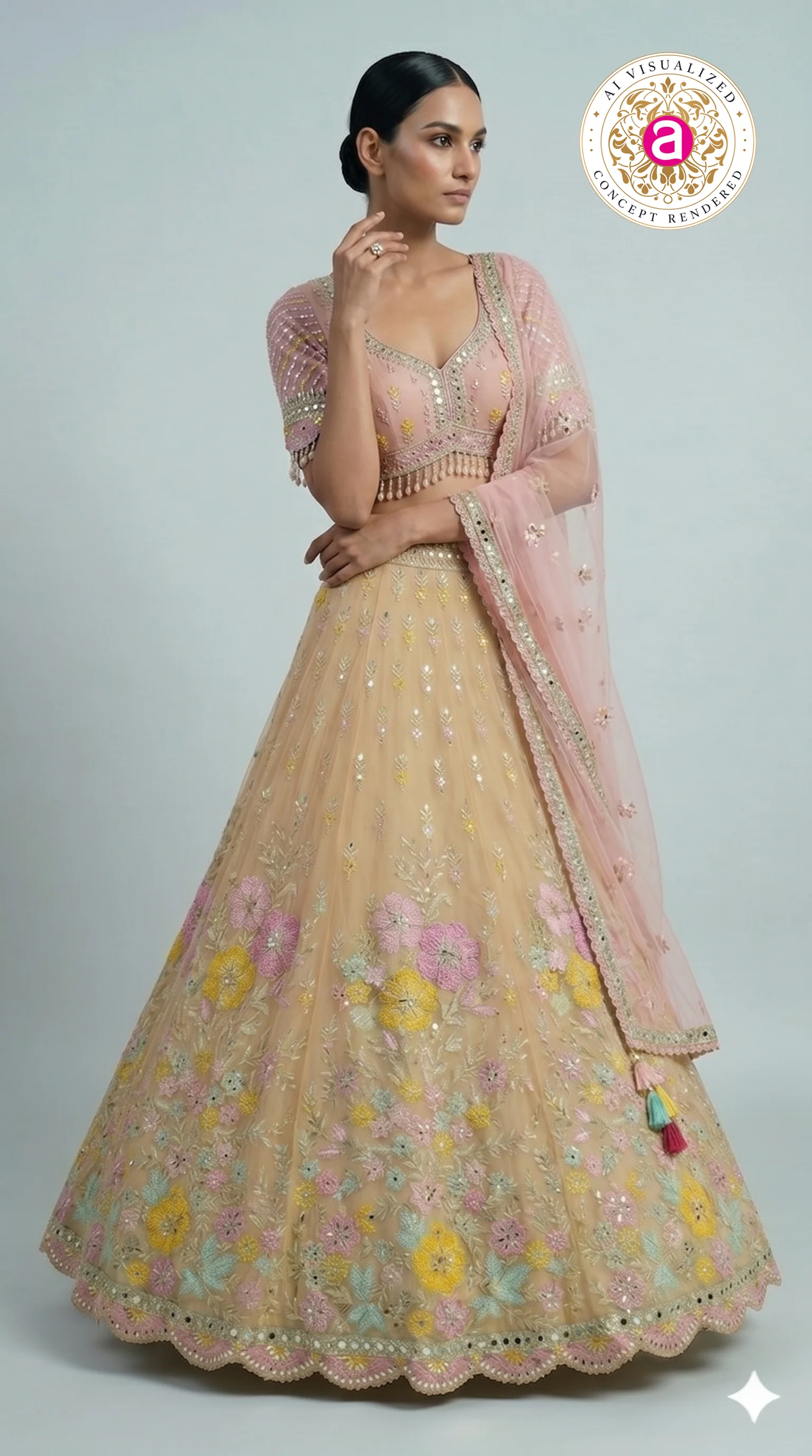 Pastel Beige Floral Embroidered Lehenga Choli with Pink Designer Blouse & Sheer Dupatta - Image 5