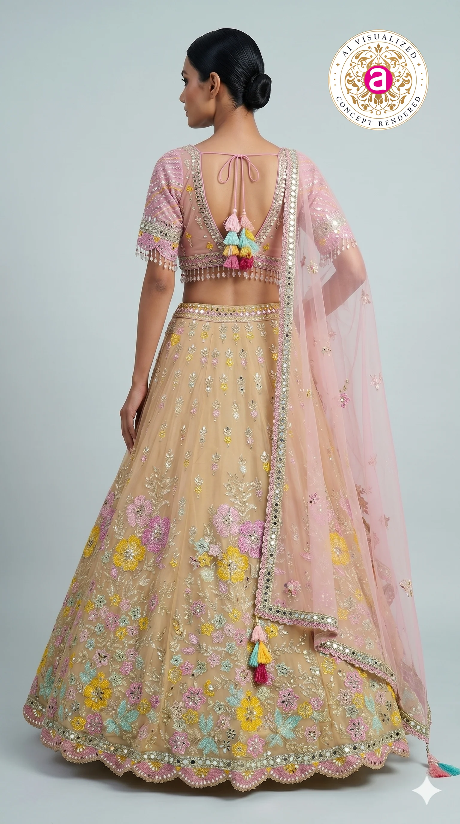 Pastel Beige Floral Embroidered Lehenga Choli with Pink Designer Blouse & Sheer Dupatta - Image 6