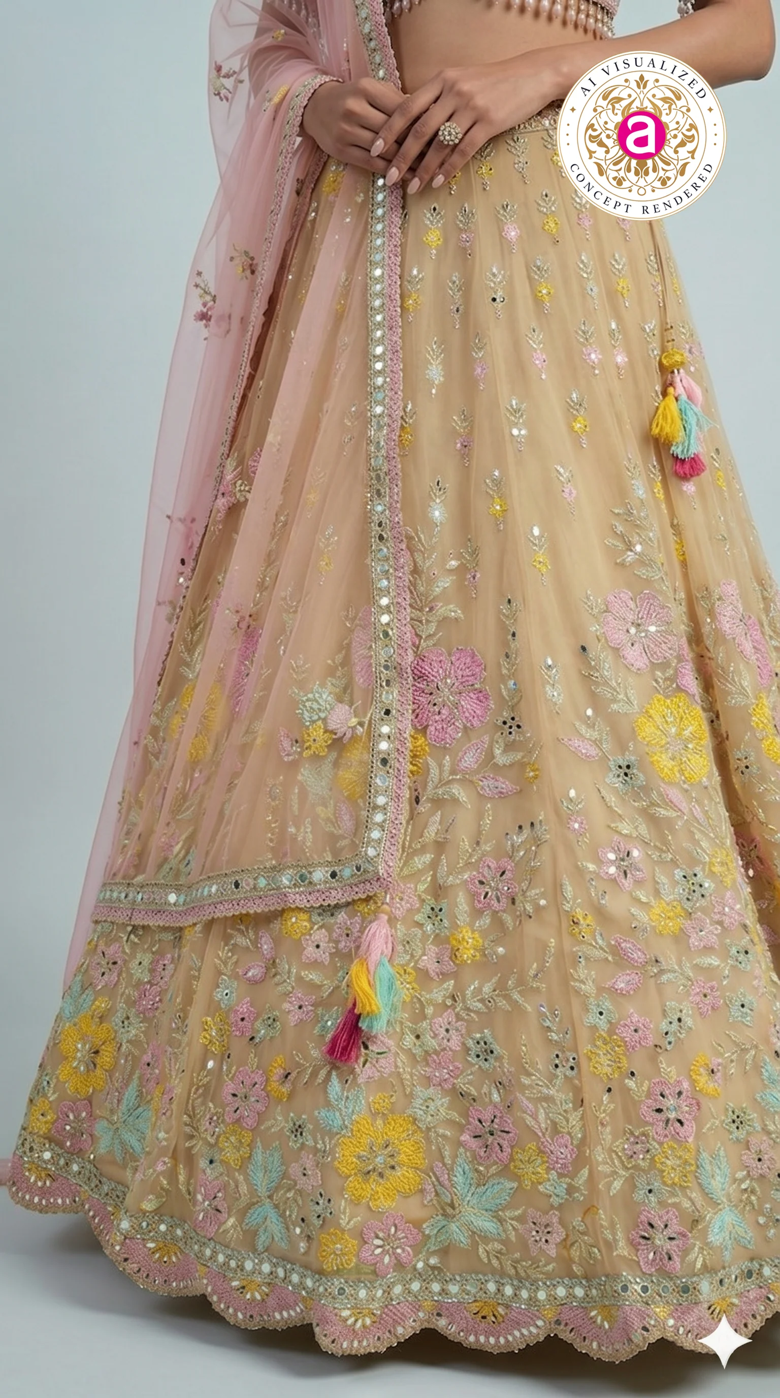 Pastel Beige Floral Embroidered Lehenga Choli with Pink Designer Blouse & Sheer Dupatta - Image 7