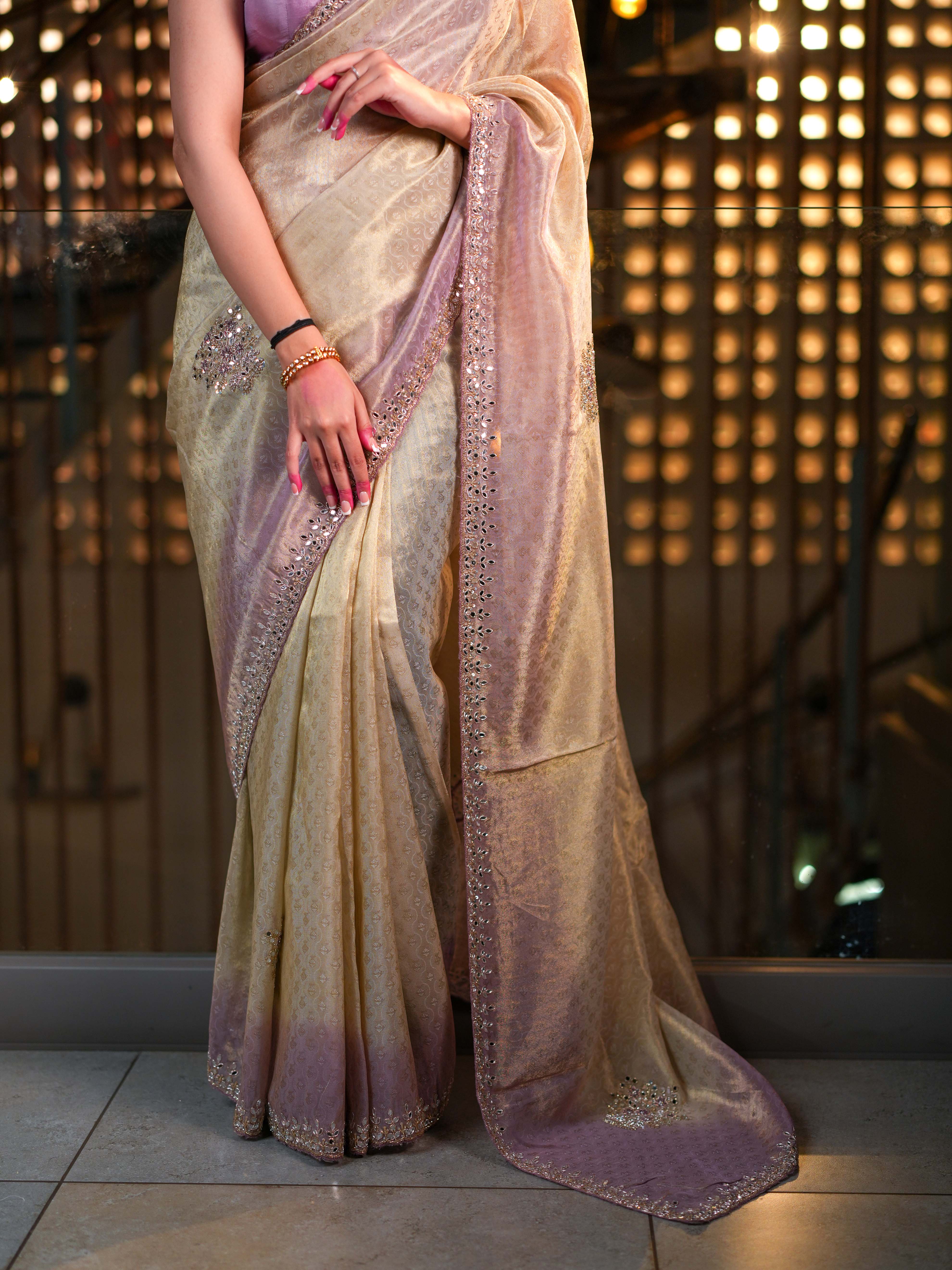 Pastel Beige & Lilac Tissue Silk Saree with Hand Embellished Mirror Work Blouse Included - Image 3