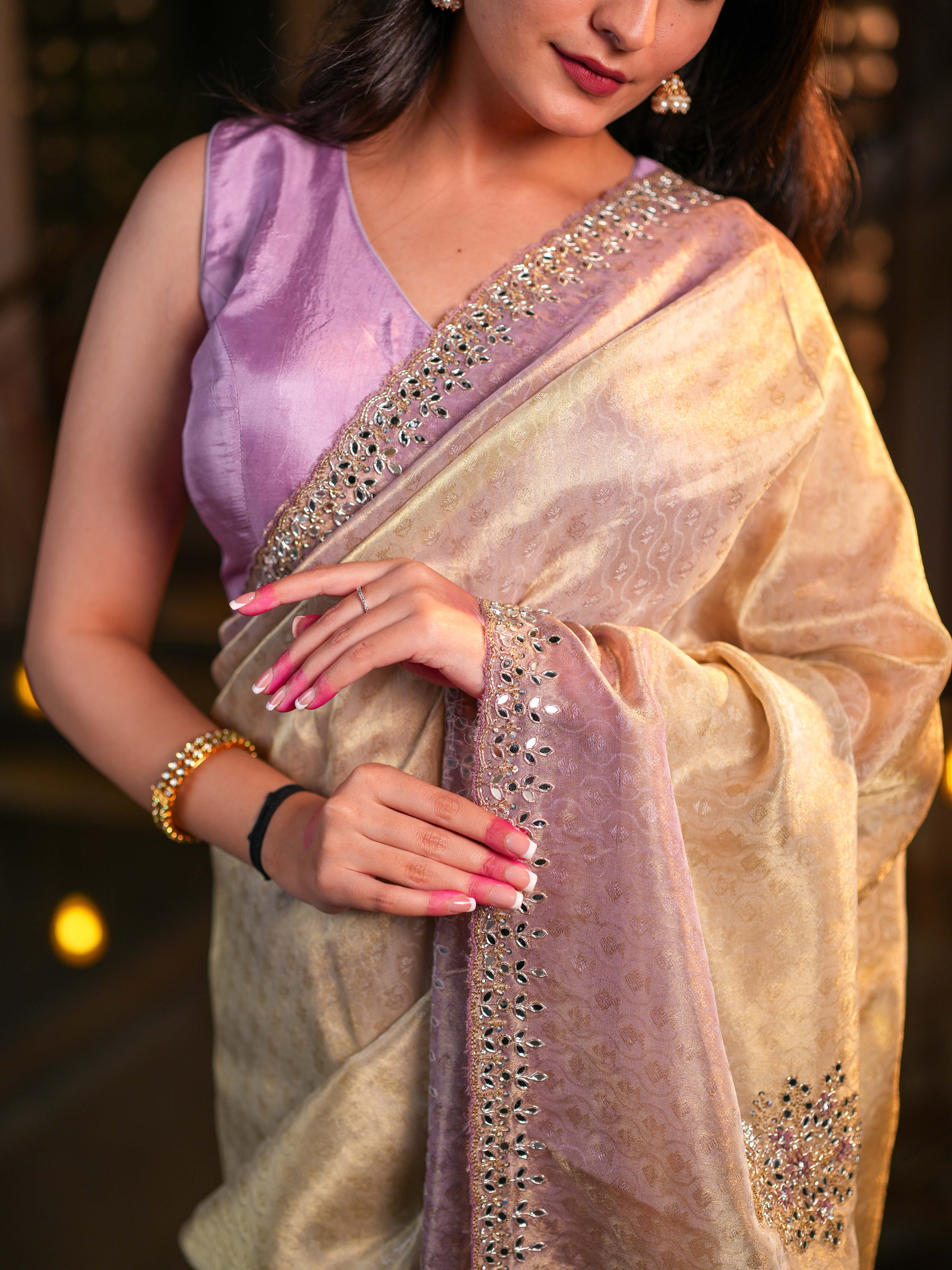 Pastel Beige & Lilac Tissue Silk Saree with Hand Embellished Mirror Work Blouse Included - Image 5