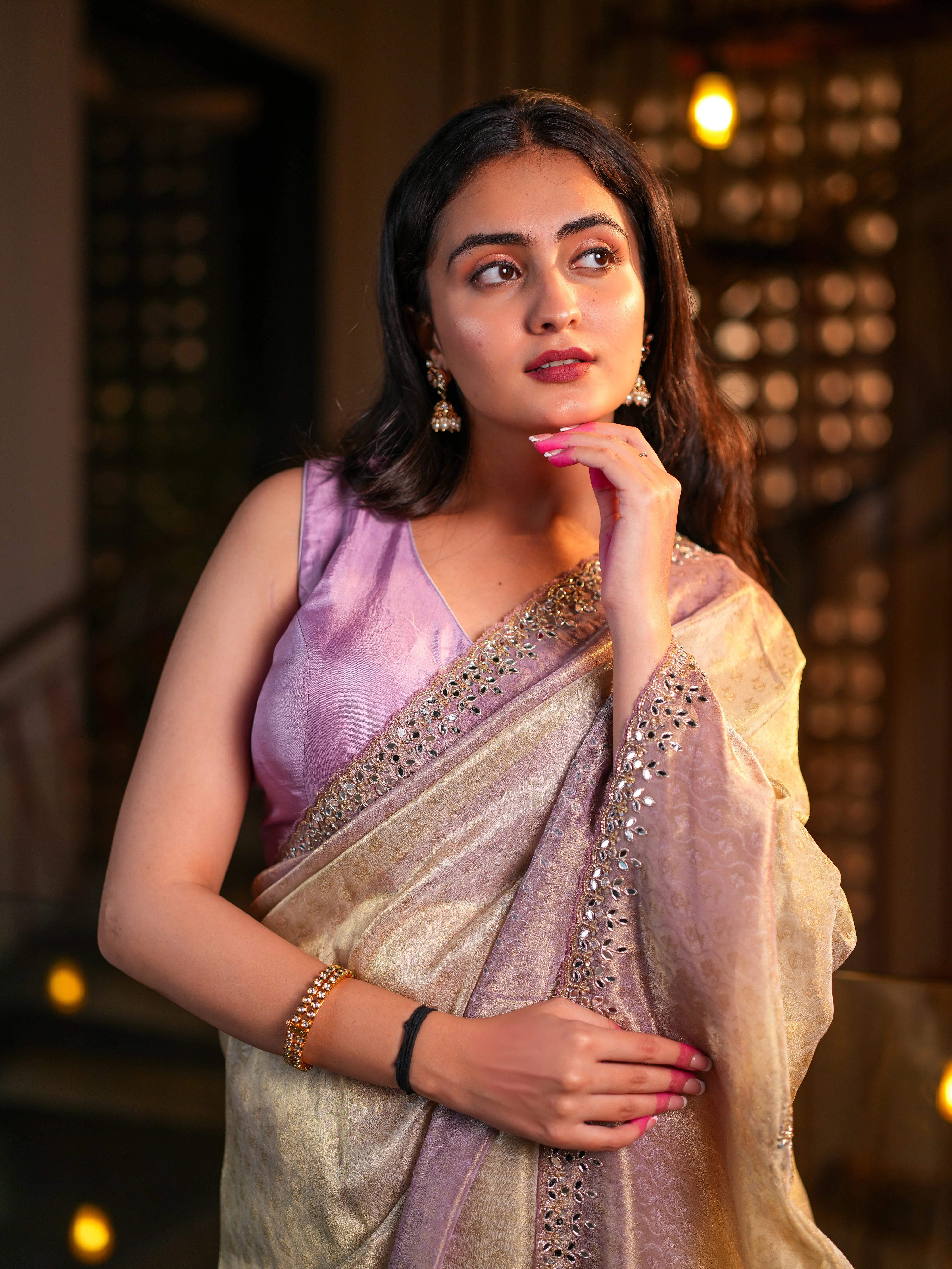Pastel Beige & Lilac Tissue Silk Saree with Hand Embellished Mirror Work Blouse Included - Image 6