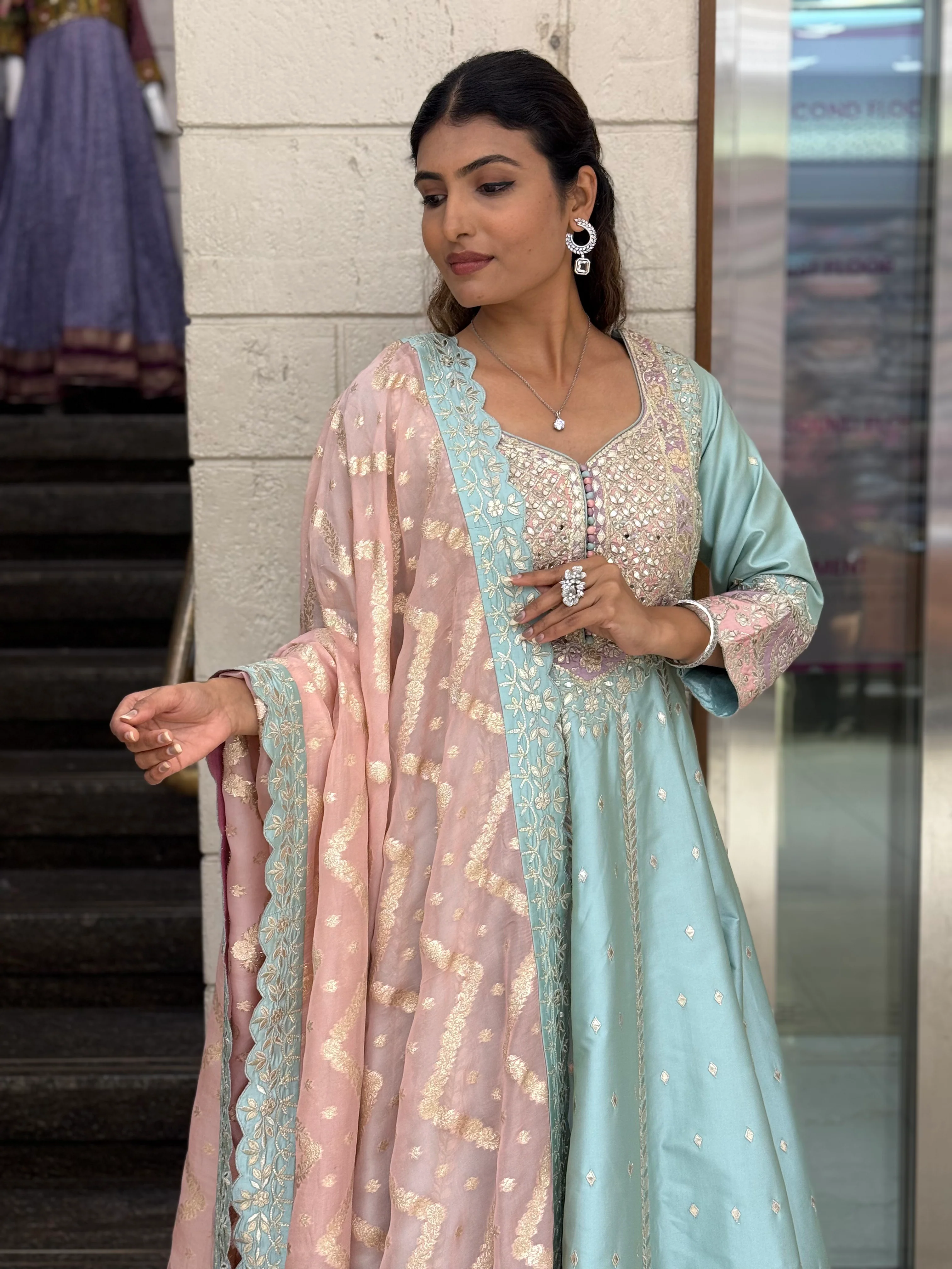 Pastel Blue & Blush Pink Embroidered Designer Anarkali Suit with Dupatta - Image 3