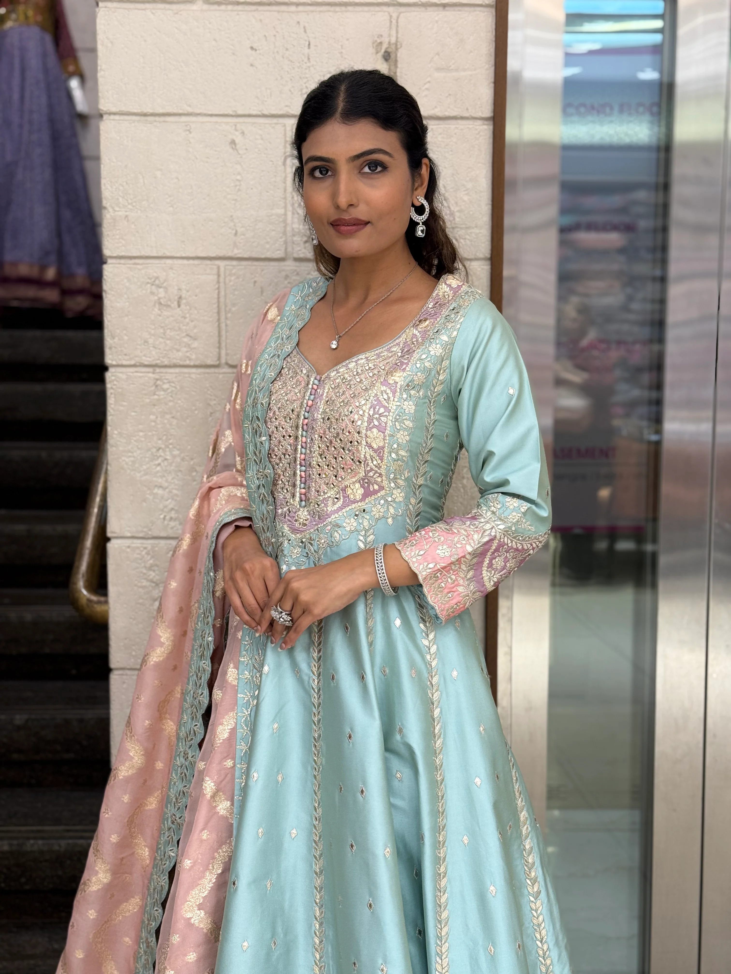 Pastel Blue & Blush Pink Embroidered Designer Anarkali Suit with Dupatta - Image 4
