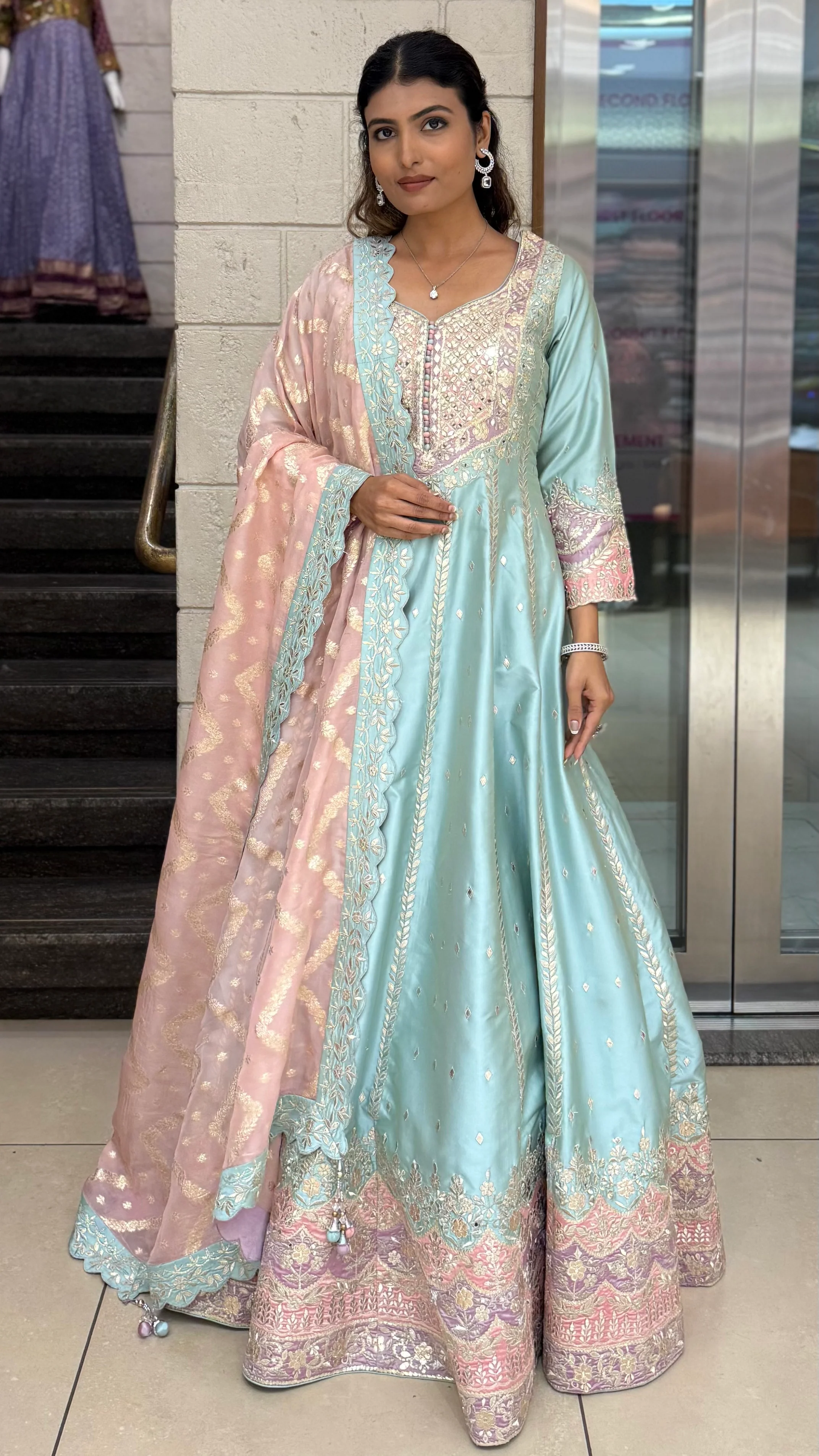 Pastel Blue & Blush Pink Embroidered Designer Anarkali Suit with Dupatta - Image 5