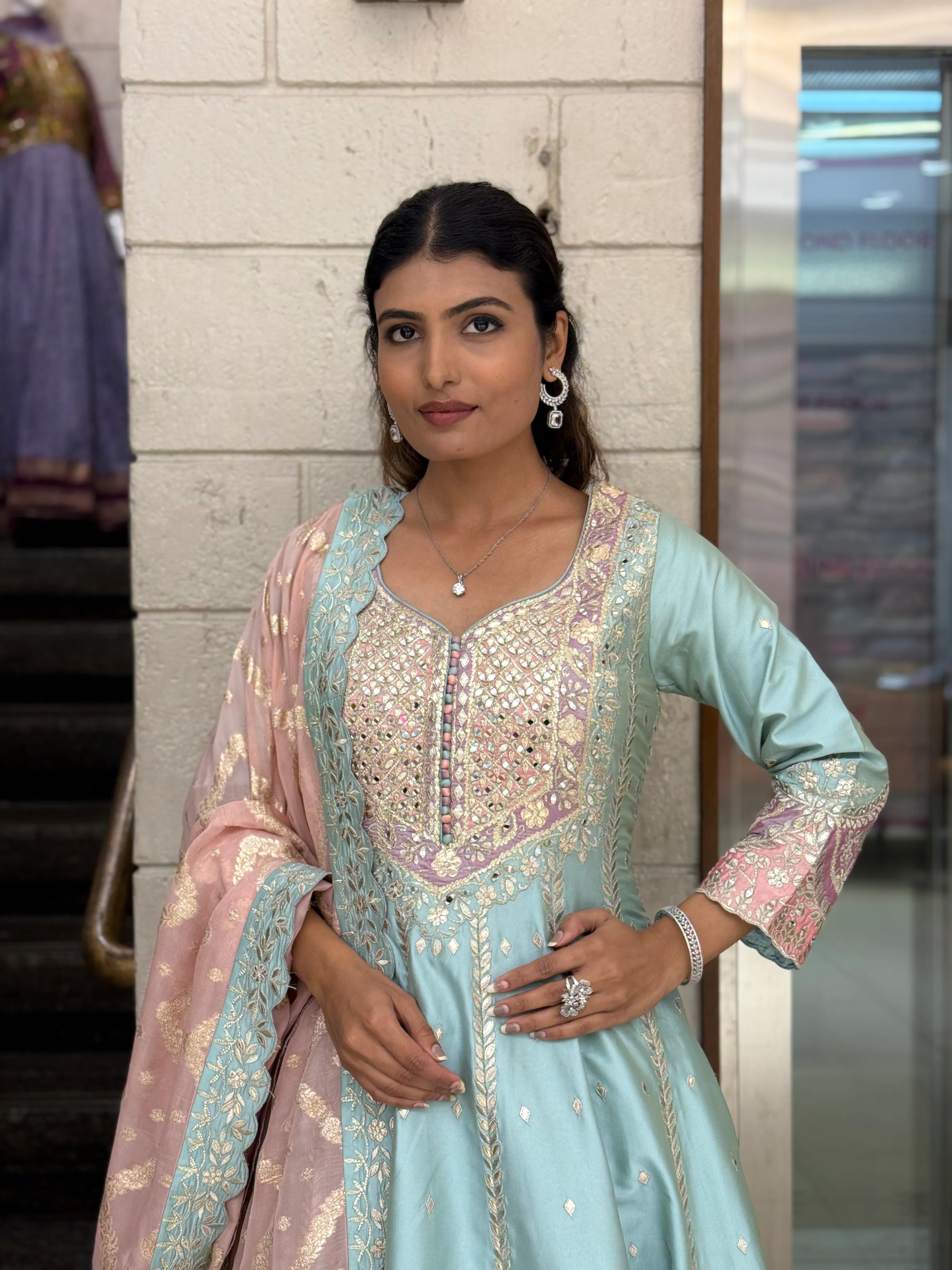 Pastel Blue & Blush Pink Embroidered Designer Anarkali Suit with Dupatta - Image 6