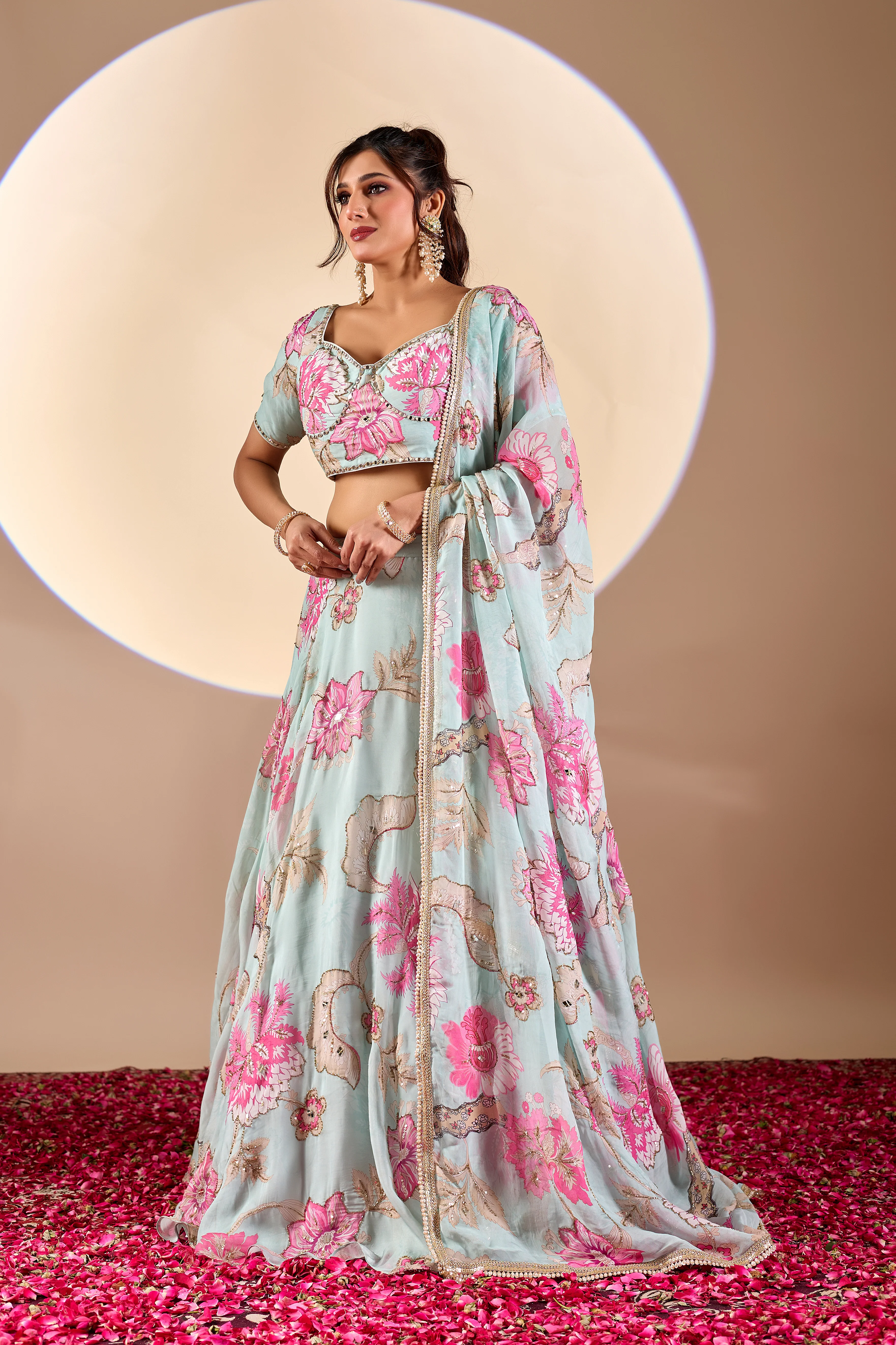 Pastel Blue Floral Printed Lehenga Set with Dupatta - Image 2