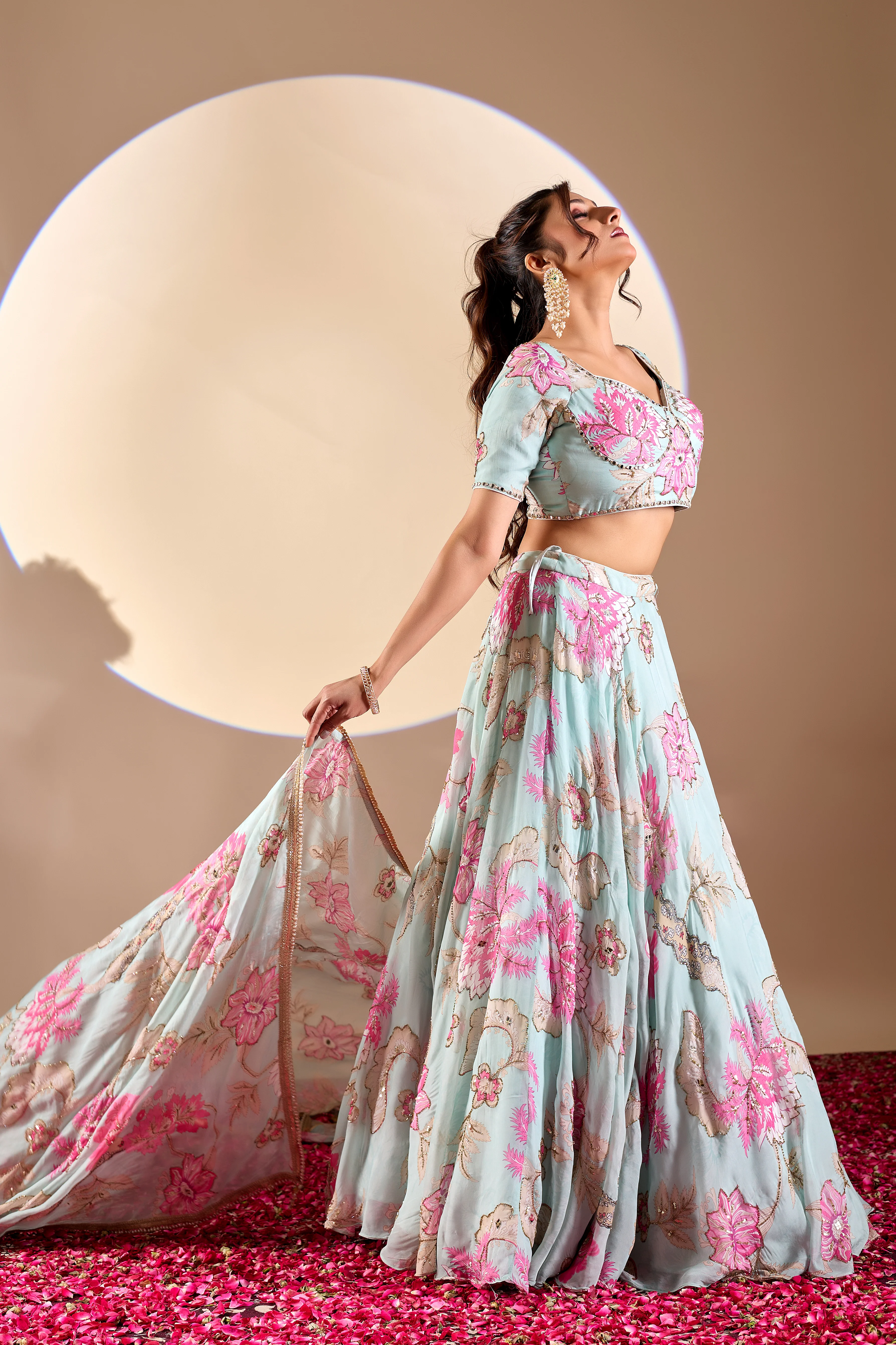 Pastel Blue Floral Printed Lehenga Set with Dupatta - Image 3