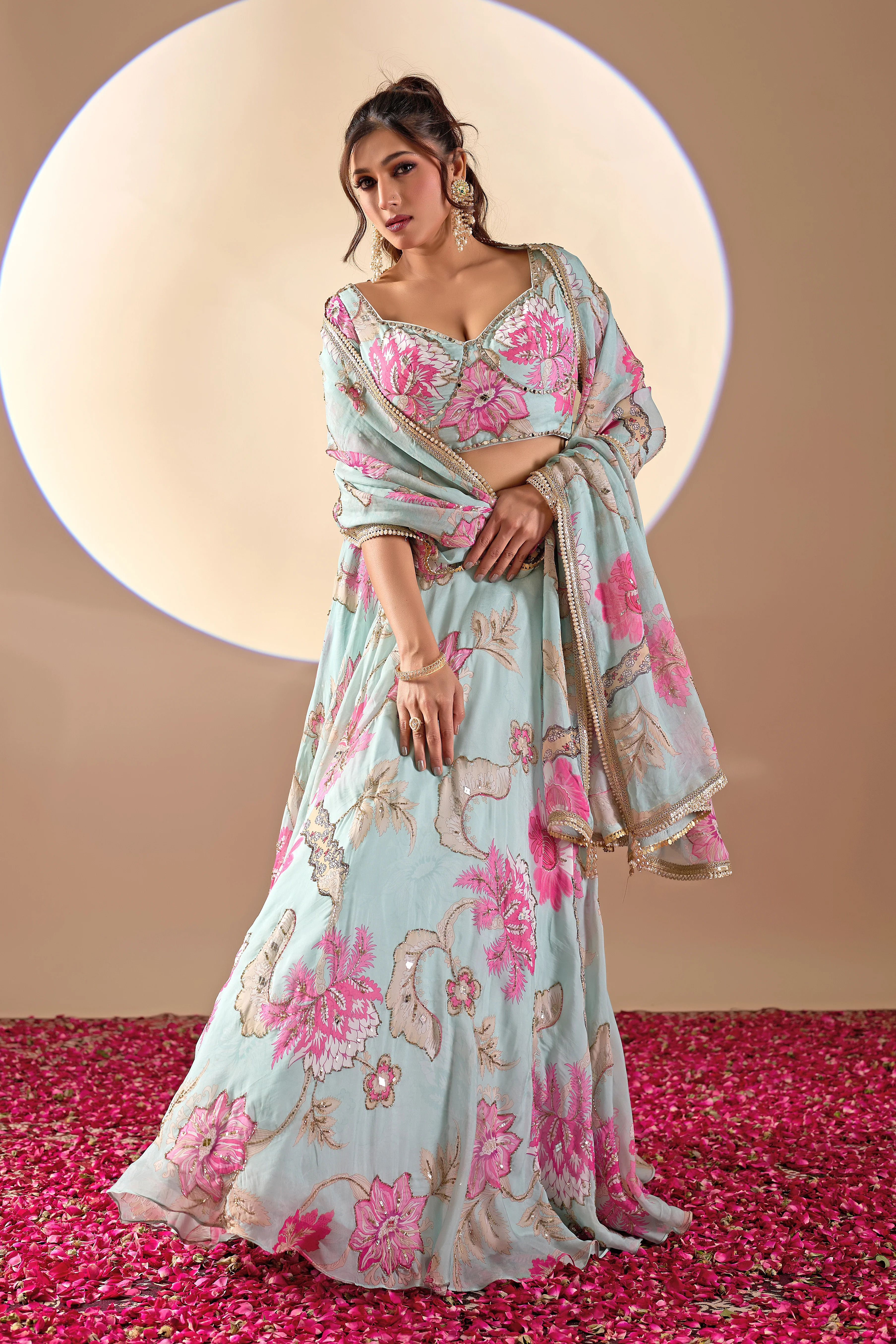 Pastel Blue Floral Printed Lehenga Set with Dupatta - Image 4