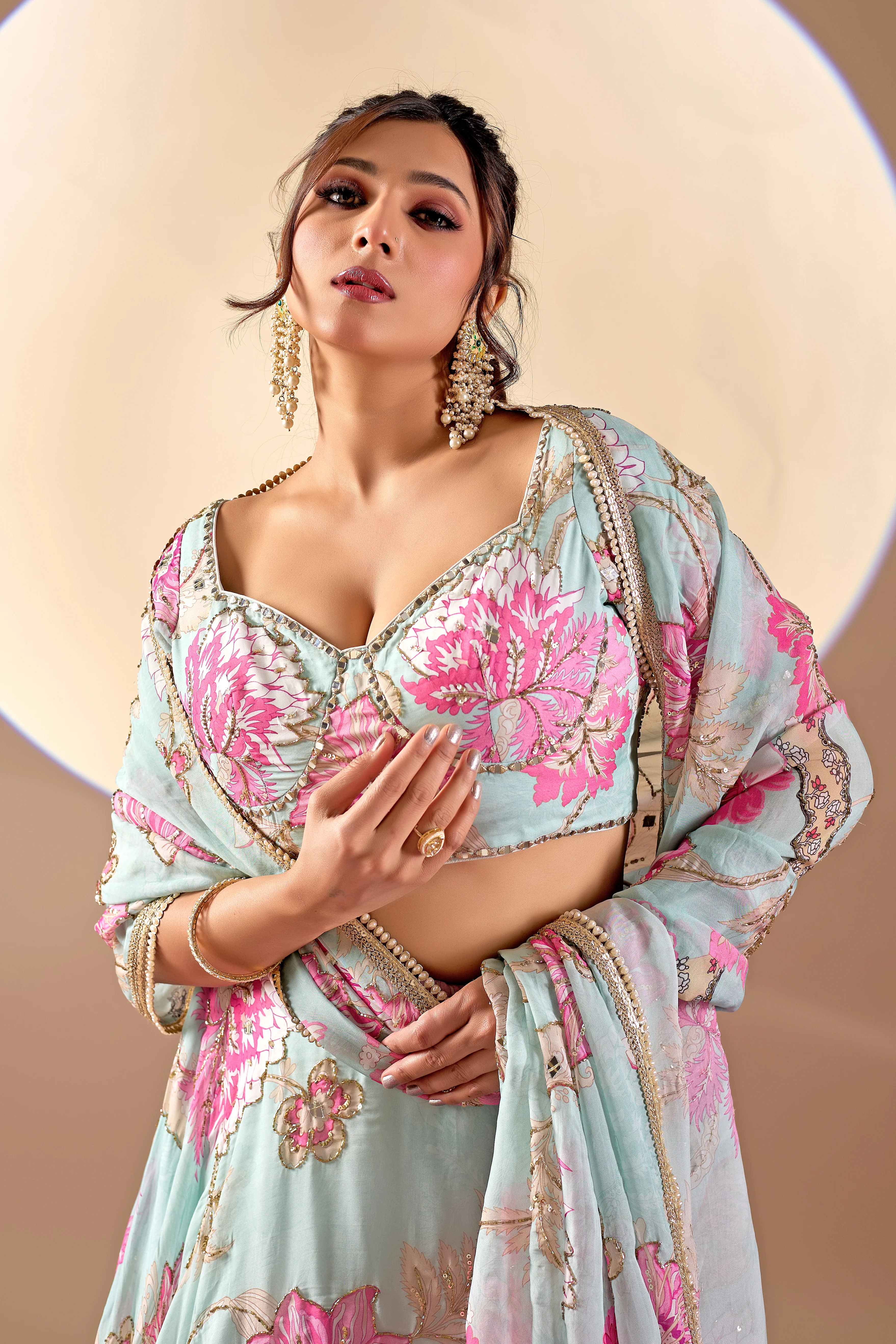 Pastel Blue Floral Printed Lehenga Set with Dupatta - Image 5
