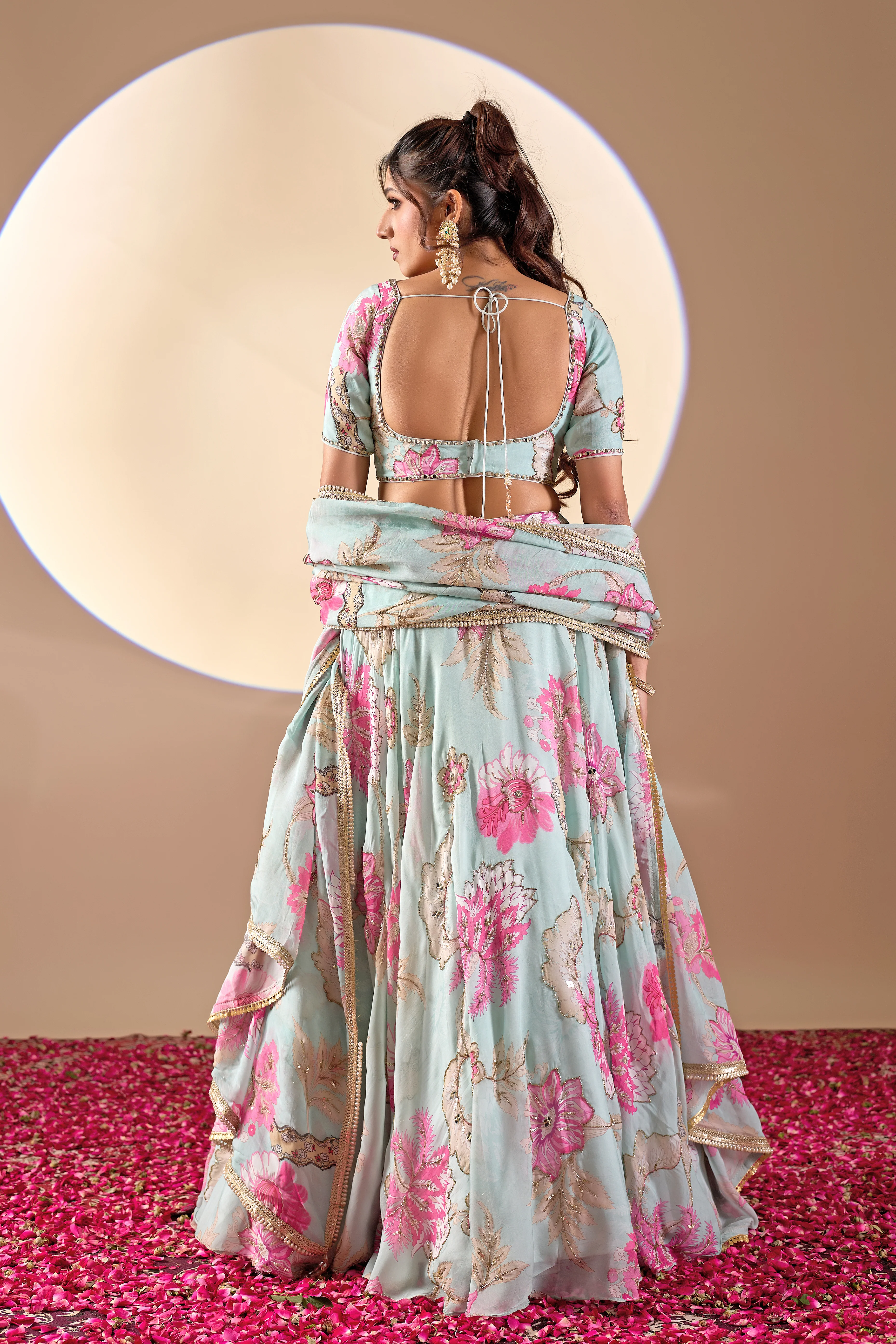 Pastel Blue Floral Printed Lehenga Set with Dupatta - Image 6
