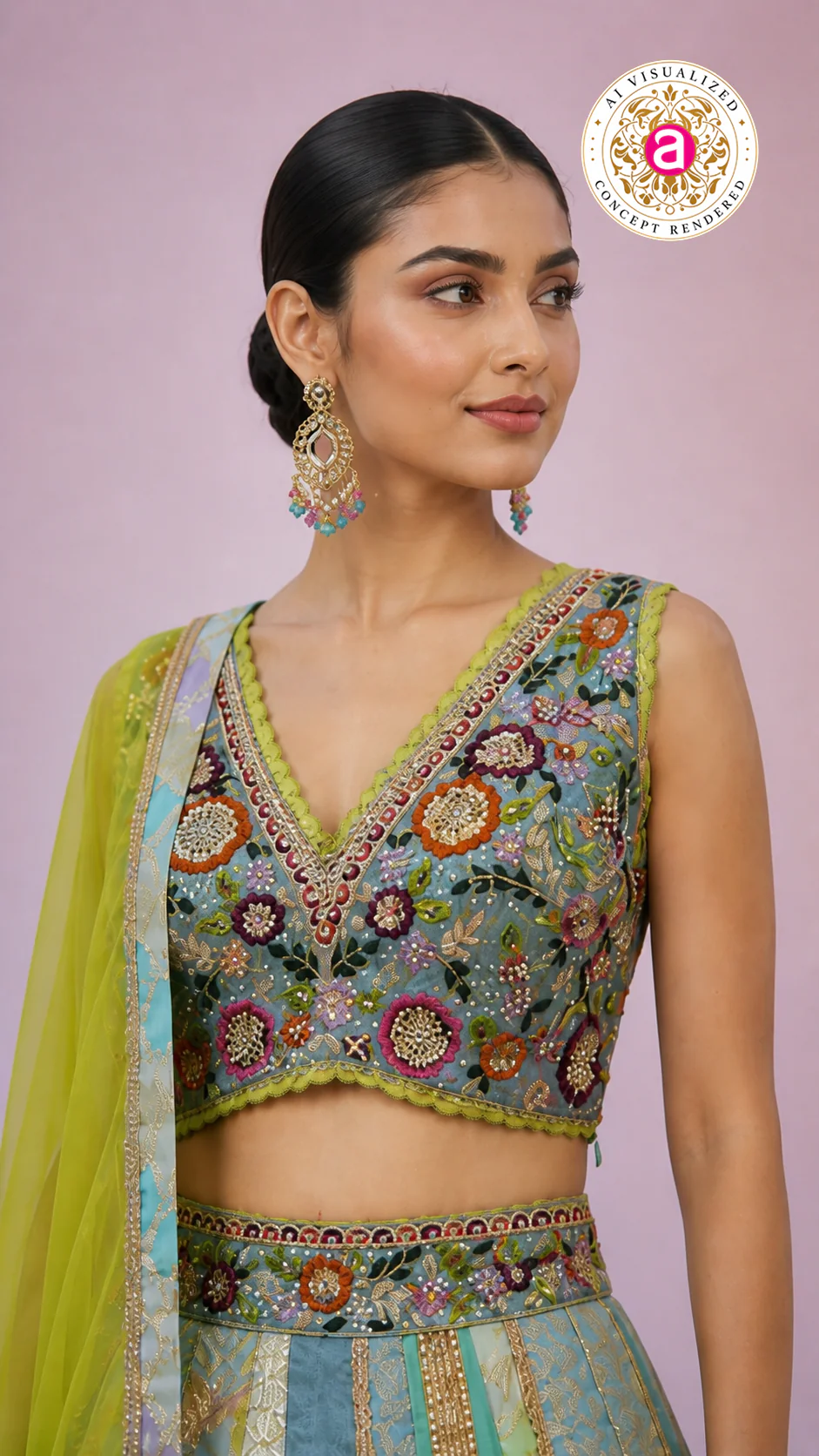 Pastel Blue & Lime Yellow Panelled Designer Lehenga Choli with Embroidered Blouse - Image 2