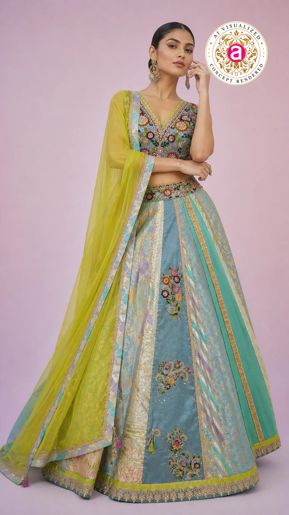 Pastel Blue & Lime Yellow Panelled Designer Lehenga Choli with Embroidered Blouse - Image 3