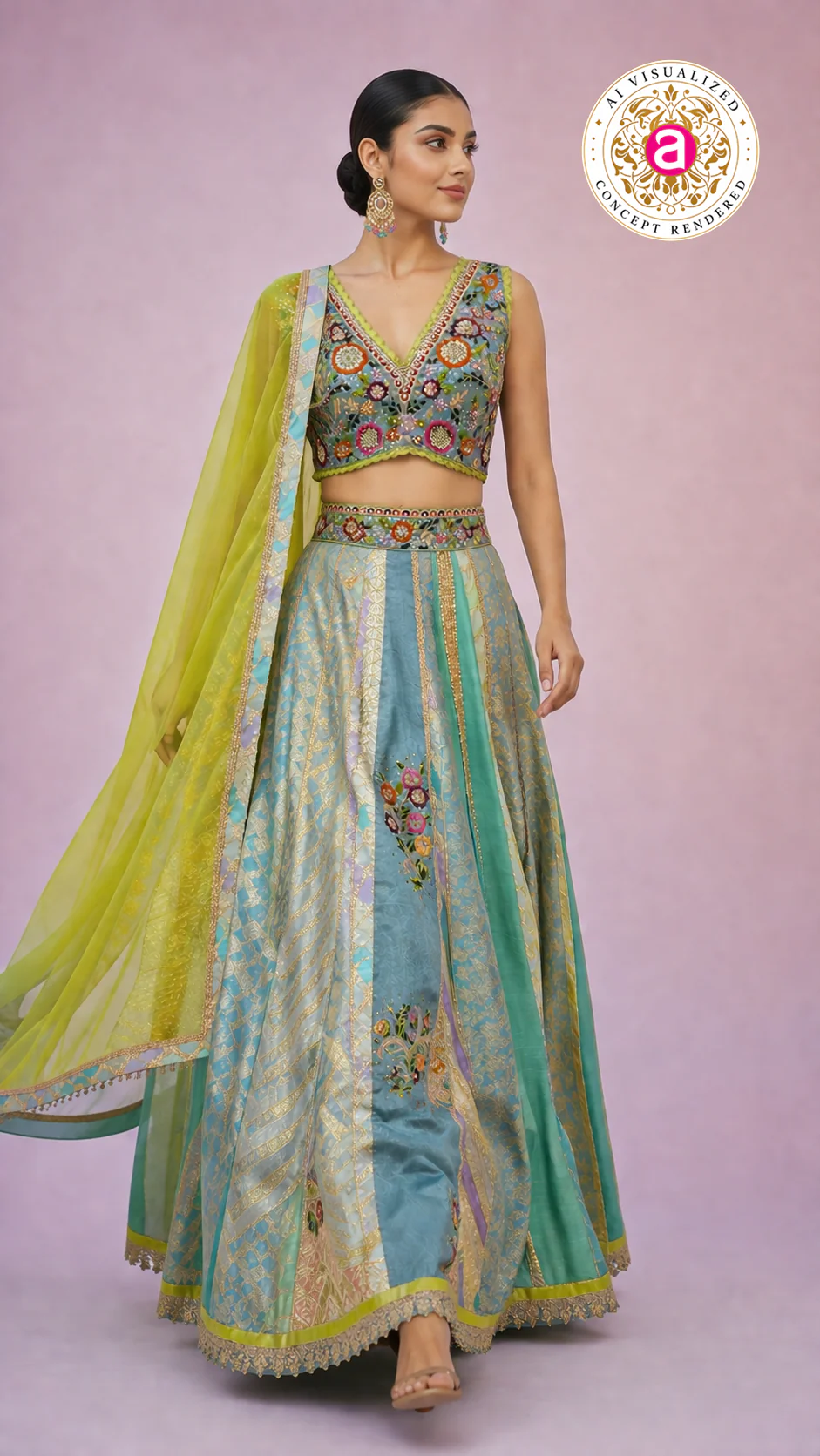 Pastel Blue & Lime Yellow Panelled Designer Lehenga Choli with Embroidered Blouse - Image 4