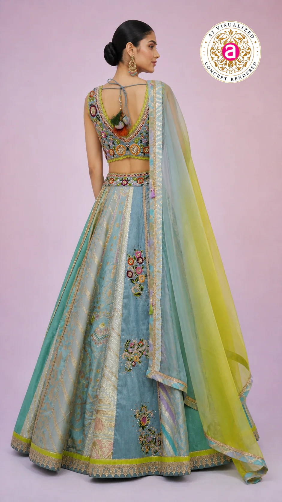 Pastel Blue & Lime Yellow Panelled Designer Lehenga Choli with Embroidered Blouse - Image 5