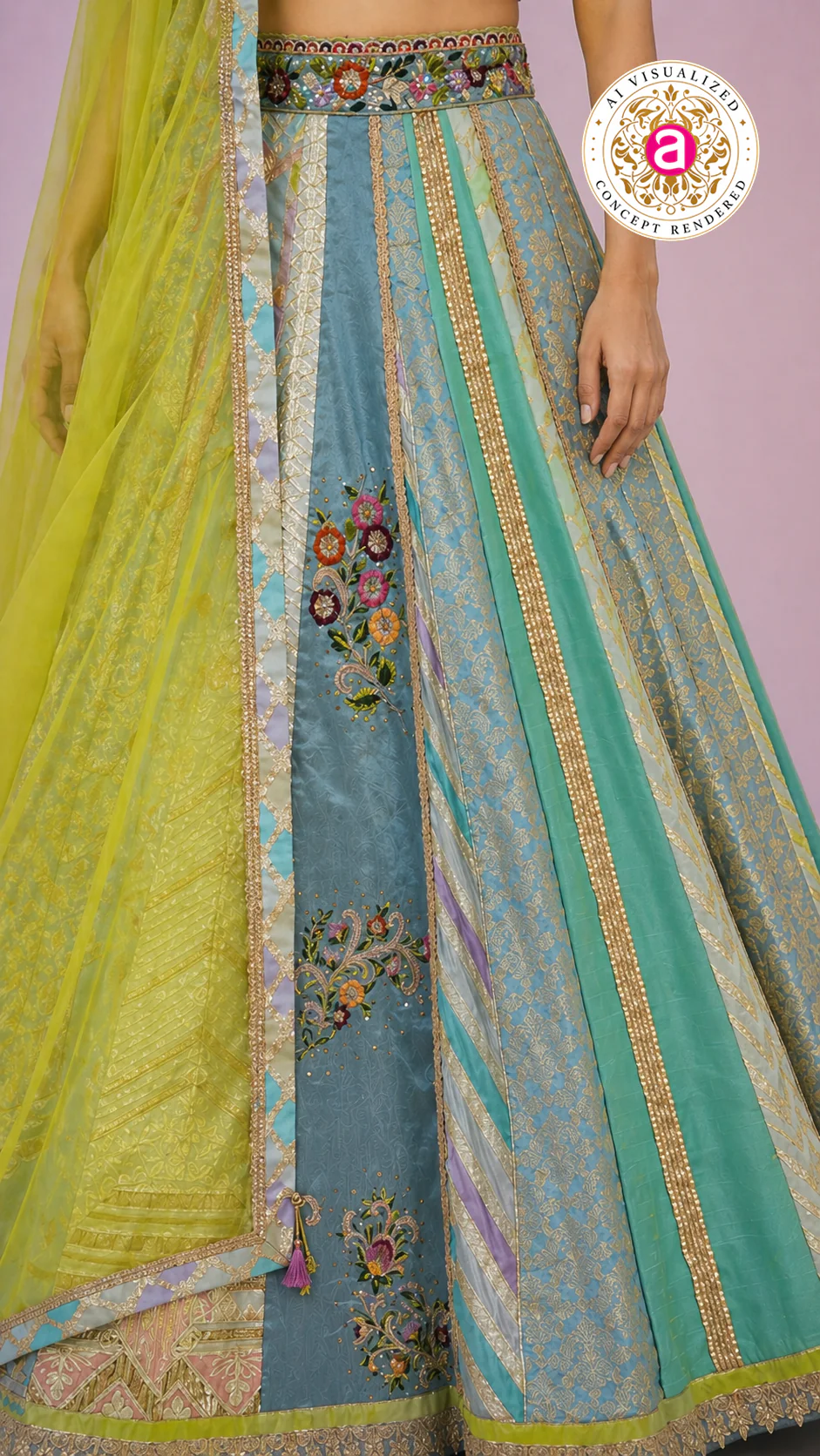 Pastel Blue & Lime Yellow Panelled Designer Lehenga Choli with Embroidered Blouse - Image 6
