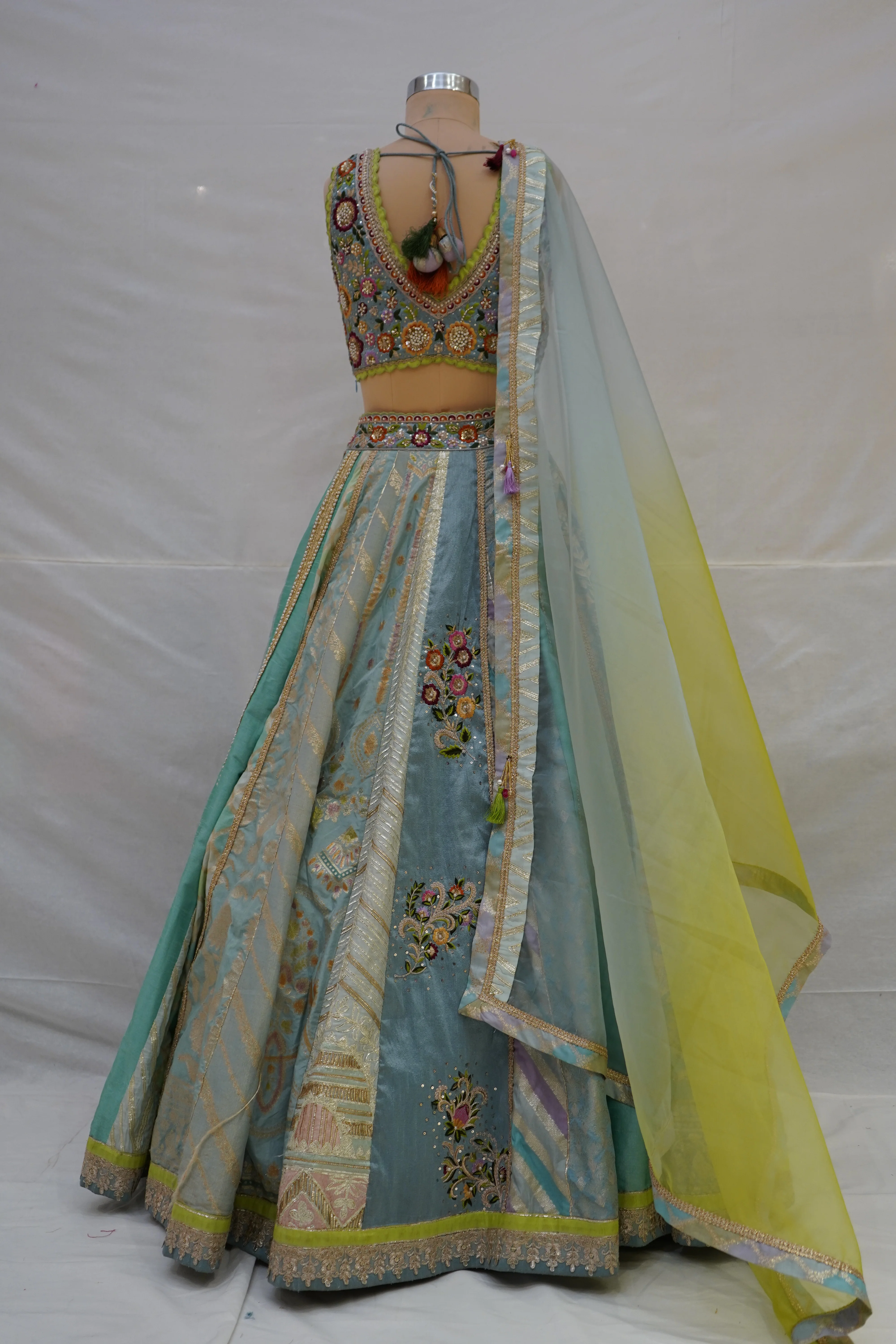 Pastel Blue & Lime Yellow Panelled Designer Lehenga Choli with Embroidered Blouse - Image 7
