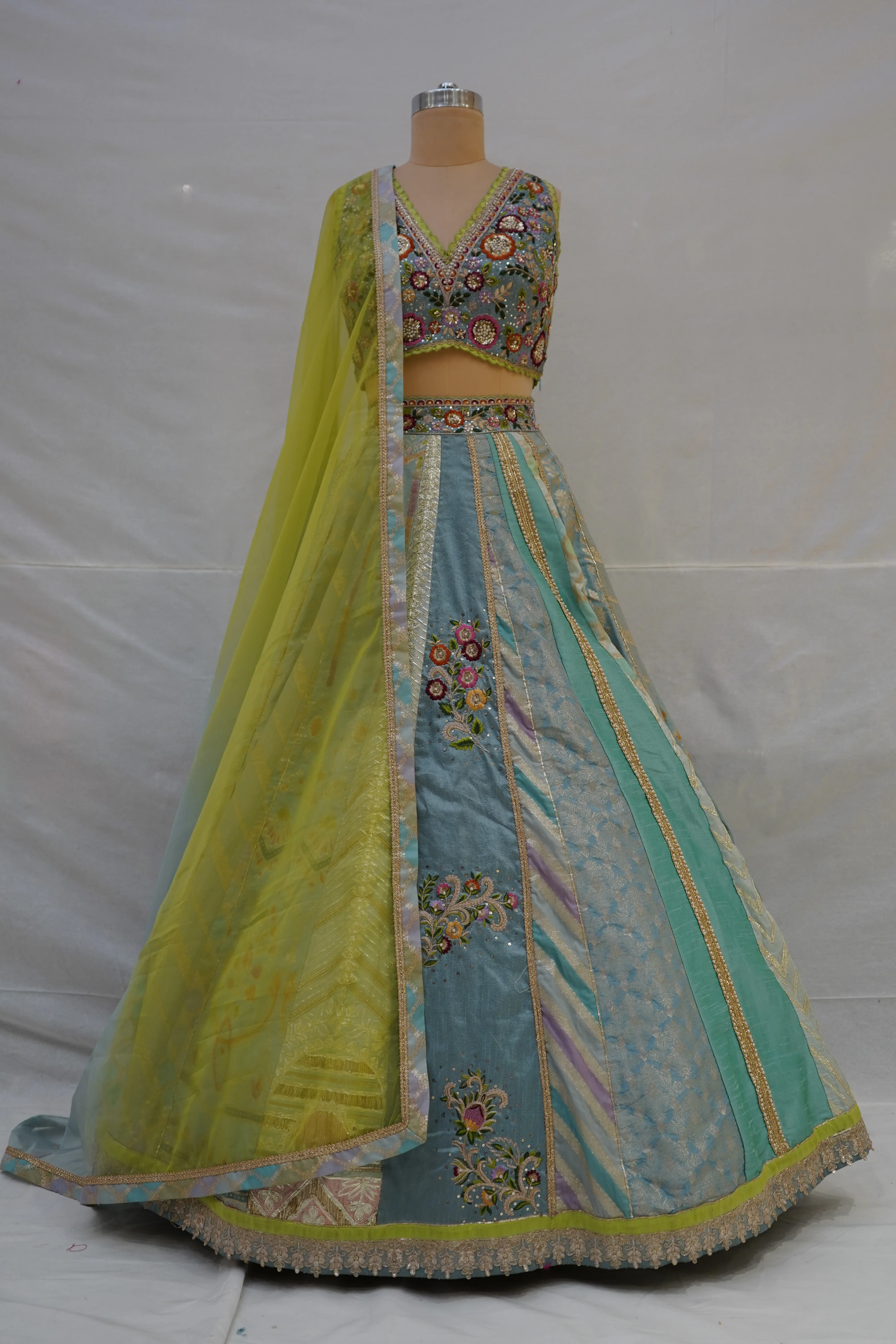 Pastel Blue & Lime Yellow Panelled Designer Lehenga Choli with Embroidered Blouse - Image 8